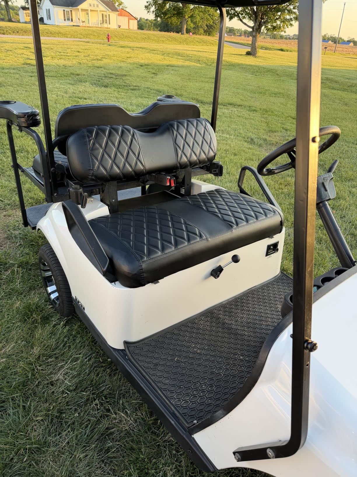 NOKINS 4PCS Golf Cart Diamond Seat Covers Kit, Front&Rear Seat Covers Fits EZGO TXT 1994-2013/EZGO RXV Standard Seat Cushion, EZGO Vinyl Seat Cover Accessories, No Staples(Black&Black Stitch) customer photo 1