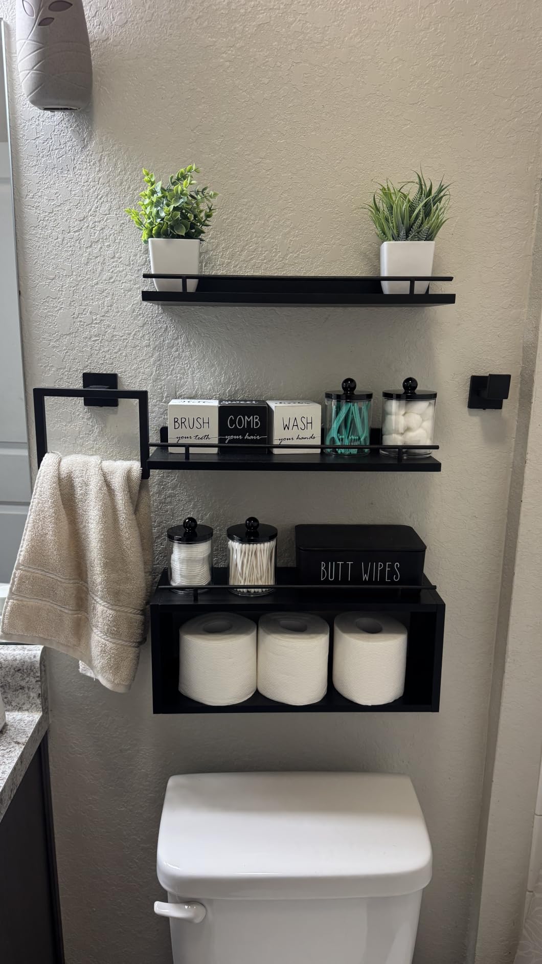 WOPITUES Floating Shelves for Wall with Cube Shelf, Wall Shelves with Metal Rail for Bathroom Decor, Bathroom Organizers and Storage, Over Toilet Shelves for Toilet Paper-Black customer photo 1