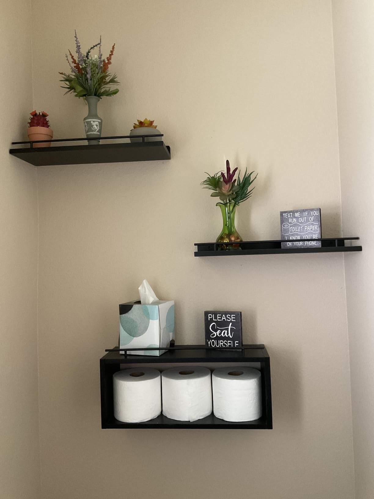 WOPITUES Floating Shelves for Wall with Cube Shelf, Wall Shelves with Metal Rail for Bathroom Decor, Bathroom Organizers and Storage, Over Toilet Shelves for Toilet Paper-Black customer photo 2