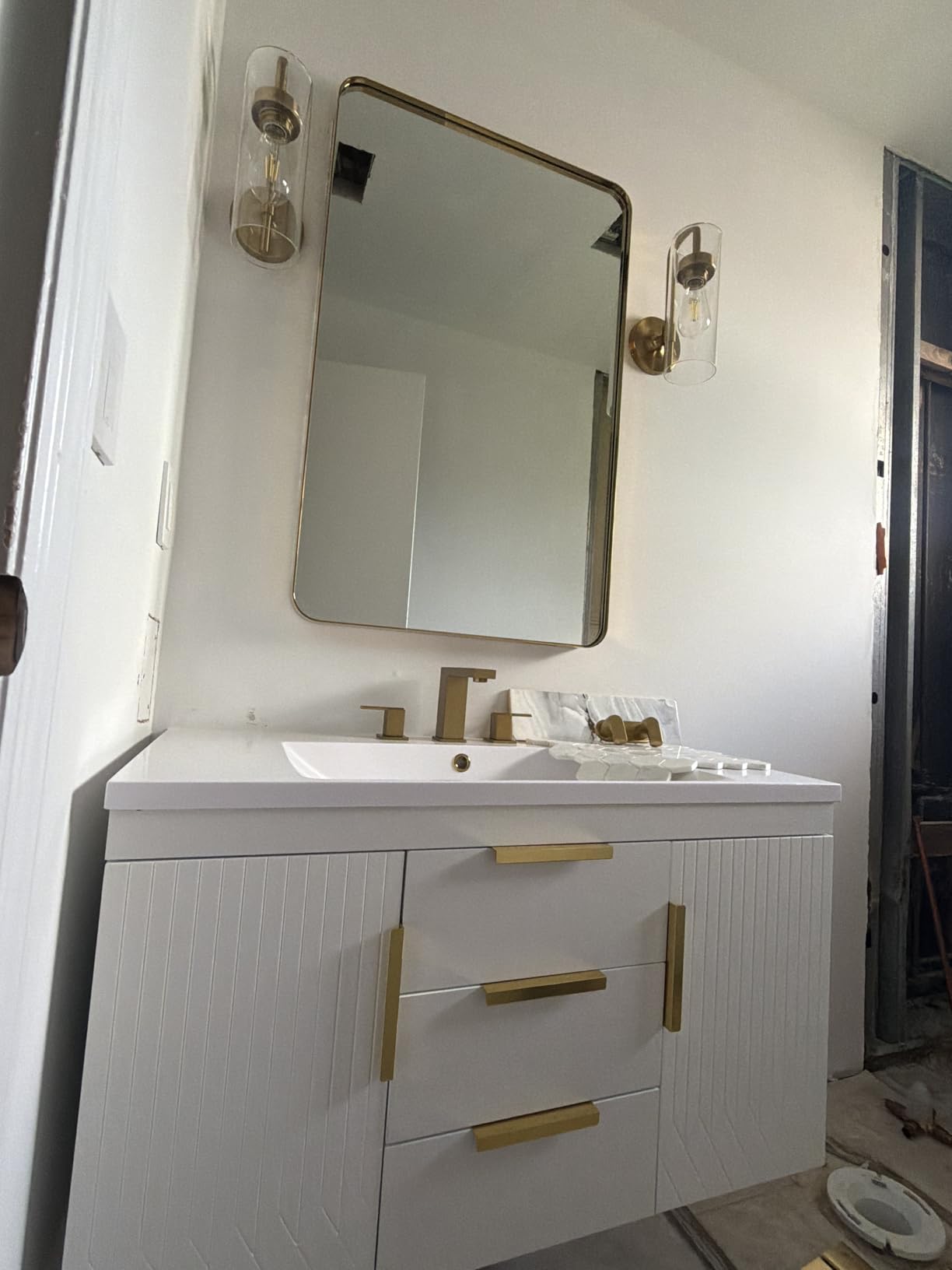 36 Inch Floating Bathroom Vanity with Sink, Wall Mounted (White) | Bathroom Storage Cabinet with 2 Doors & 2 Drawers, Soft-Closing Hinges, Modern Design with Decorative Lines customer photo 2