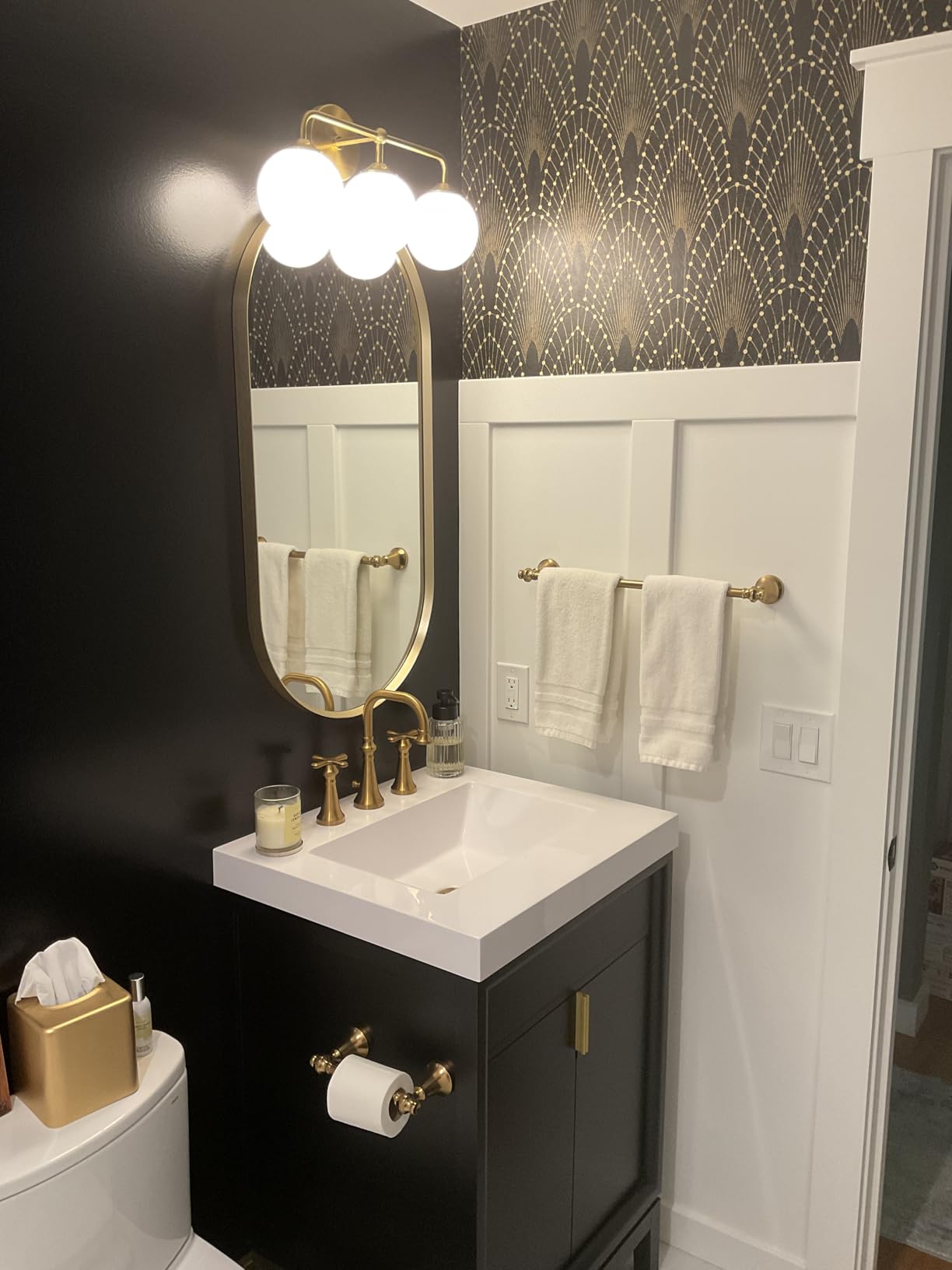 Modern Brushed Gold 3-Lights Vanity Light Fixtures with Milky White Glass Ball Shades, Mid Century Brass Wall Sconce Lighting Fixtures over Mirror, Wall Sconces for Bathroom Dressing Table Bedroom customer photo 1