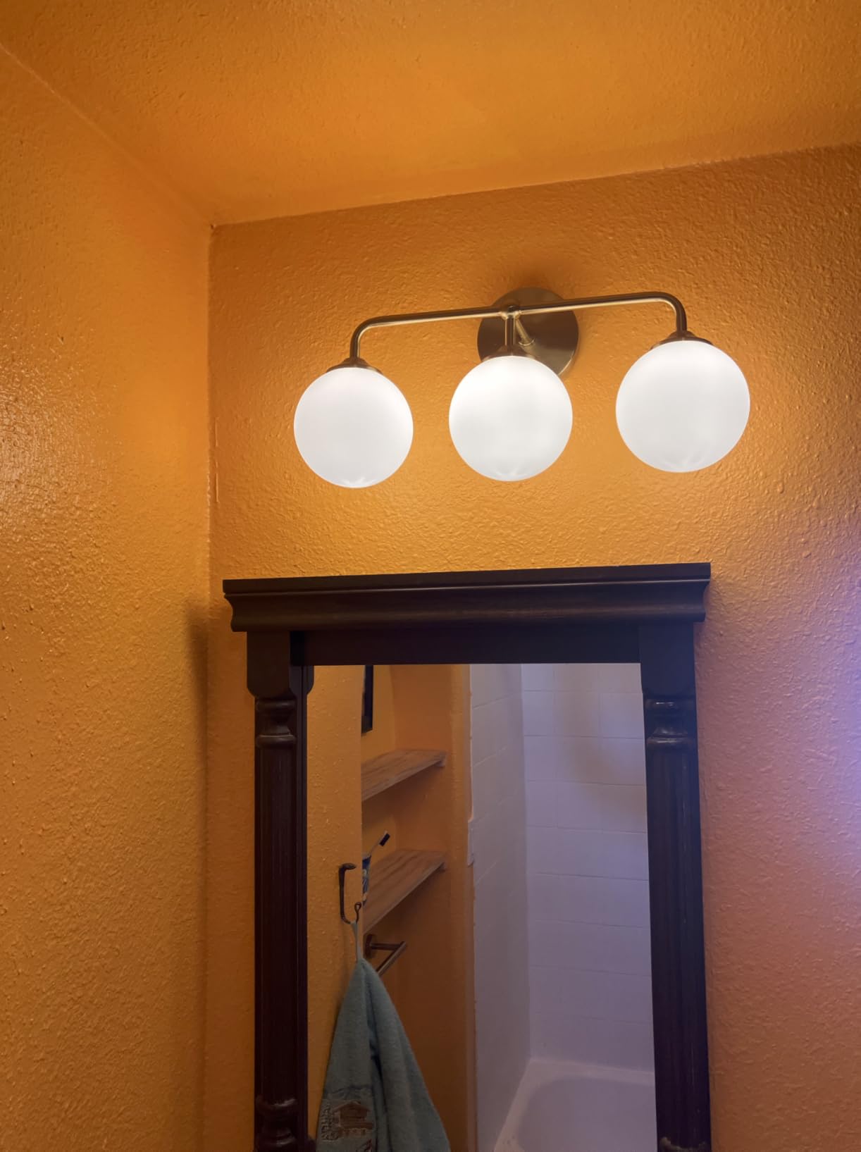 Modern Brushed Gold 3-Lights Vanity Light Fixtures with Milky White Glass Ball Shades, Mid Century Brass Wall Sconce Lighting Fixtures over Mirror, Wall Sconces for Bathroom Dressing Table Bedroom customer photo 2
