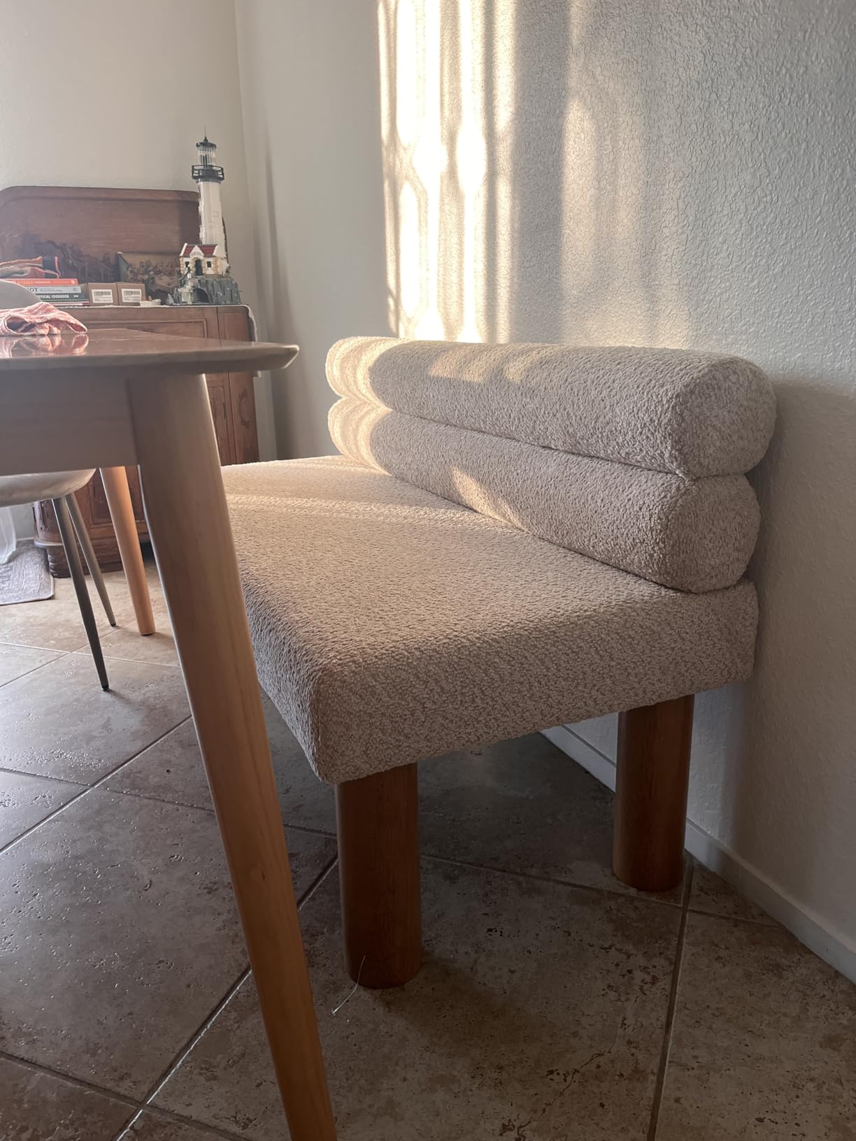 GDFStudio Upholstered Boucle Dining Bench with Backrest Farmhouse Entryway Bench with Rubber Wood Legs Long Indoor Bench for Bedroom Living Room End of Bed Dining Room Seating, Light Grey customer photo 1