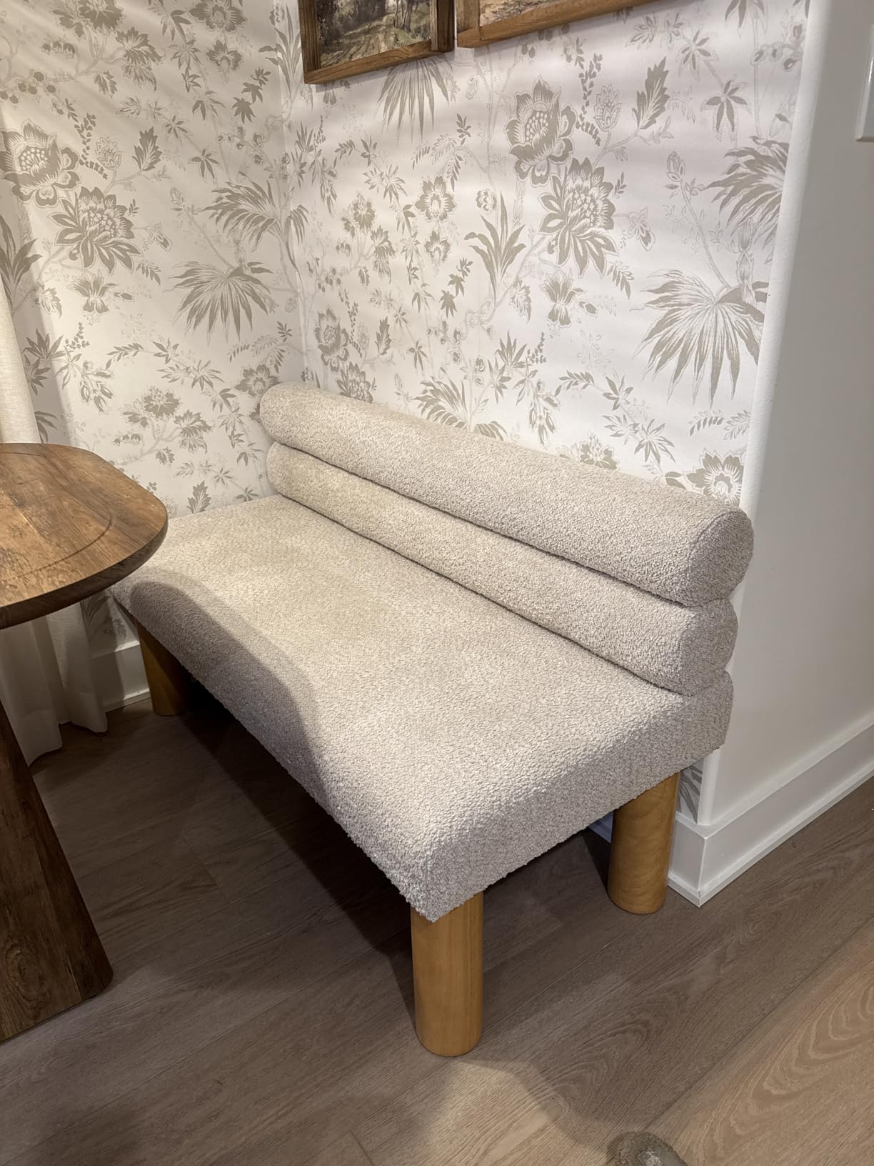 GDFStudio Upholstered Boucle Dining Bench with Backrest Farmhouse Entryway Bench with Rubber Wood Legs Long Indoor Bench for Bedroom Living Room End of Bed Dining Room Seating, Light Grey customer photo 2
