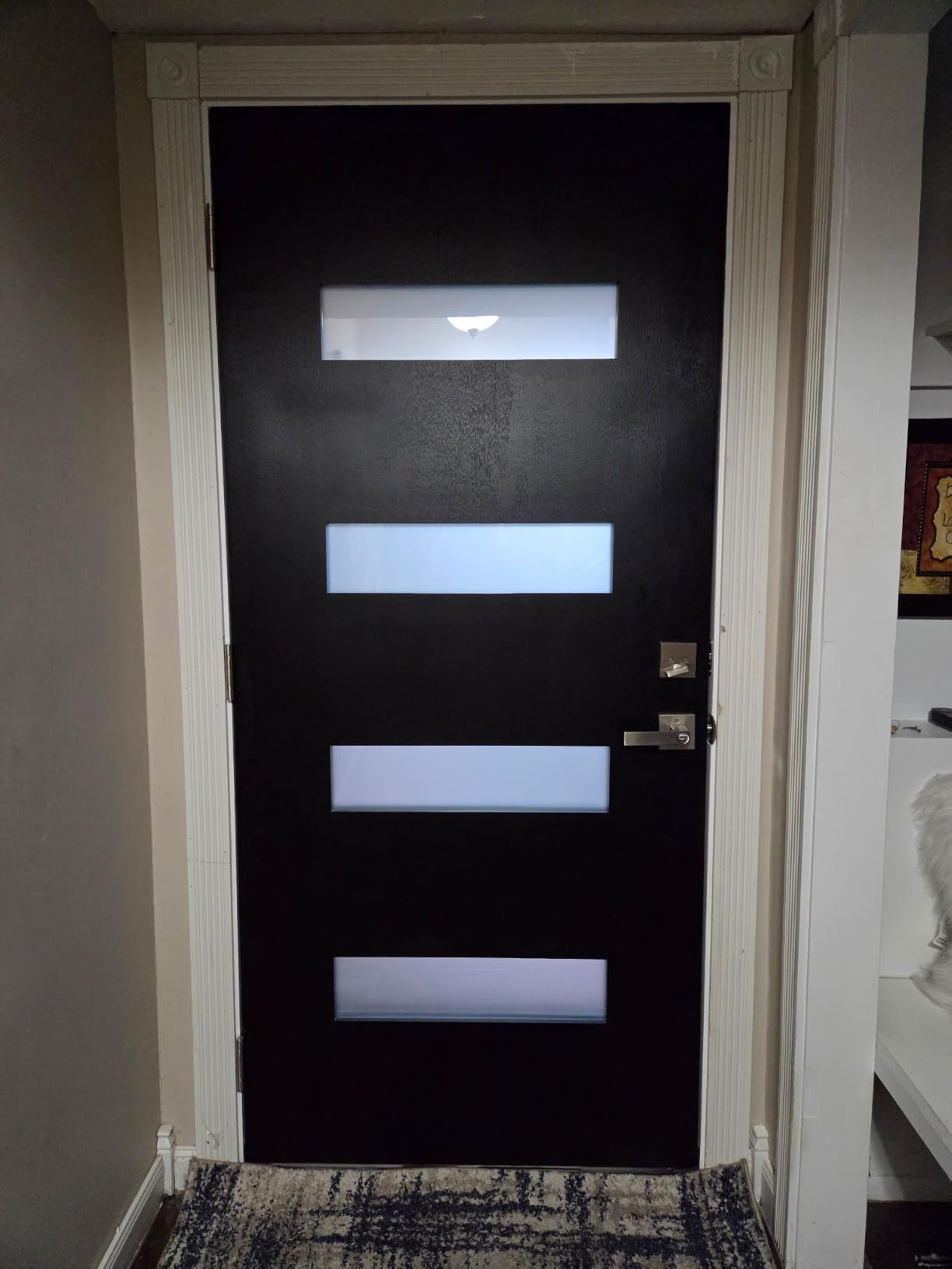 Fiberglass Entry Door Left Hand Inswing, 36 x 80, 4 Lite Frosted Glass 4-9/16 in. Vinyl Frame, Contemporary Style for Home's Front Entrance, Black Finished Knock-Down Entry Door customer photo 1