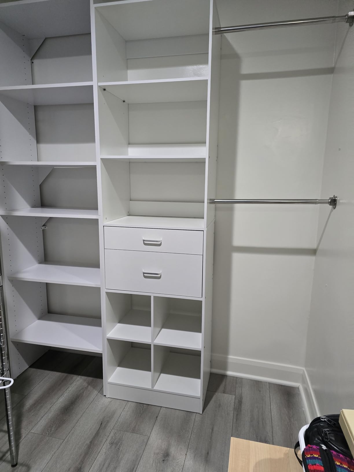 Besiost Closet System, 4-8 FT Closet Organizer Tower with 2 Wooden Drawers and 5 Hanging Rods, Can Fit 60 to 96 inch Walk-in Closet System, White customer photo 2