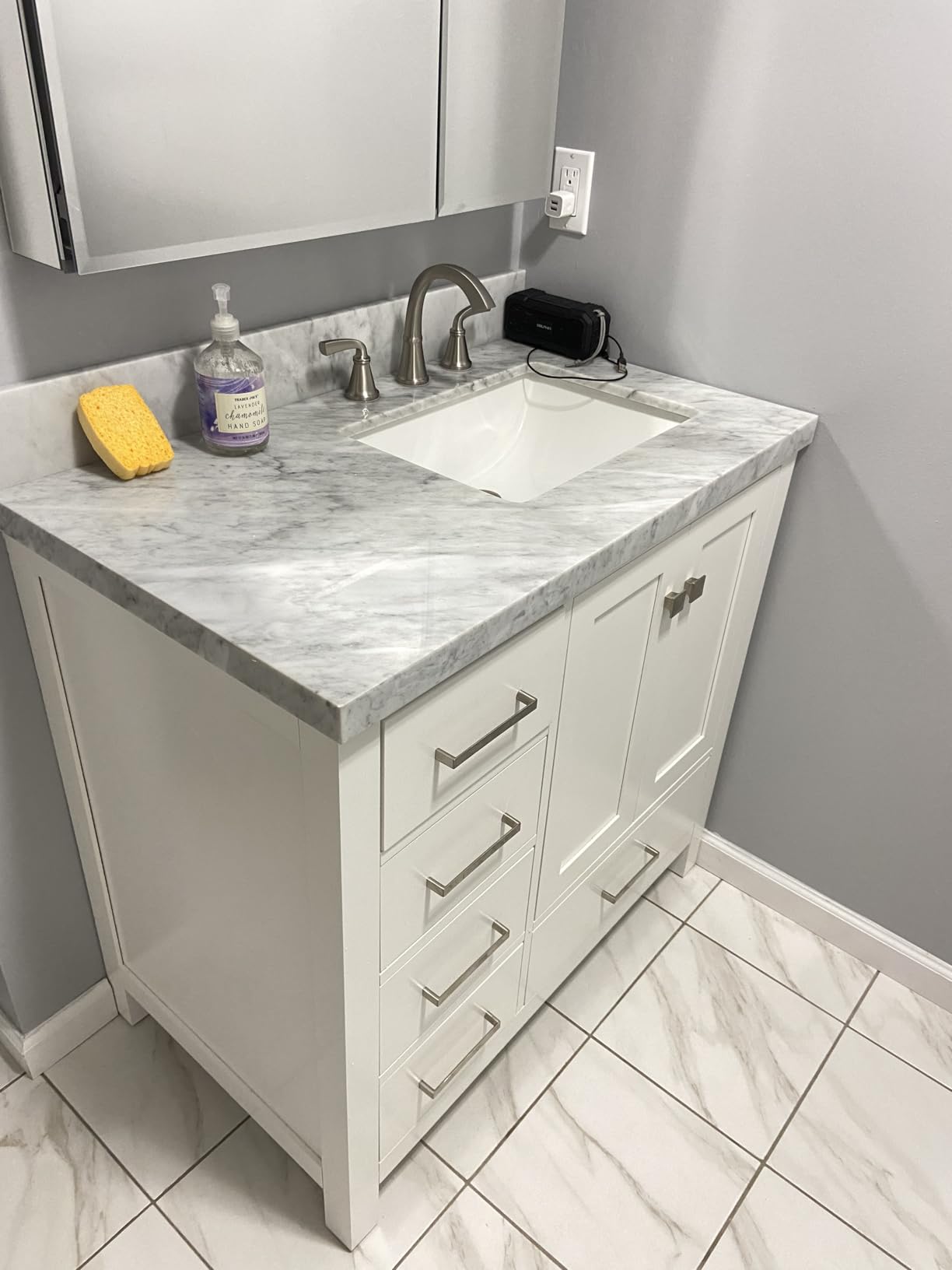 Cambridge 36-inch Bathroom Vanity with Sink, Solid Wood, 1.5-inch Italian Carrara Marble Countertop, Single Rectangular Porcelain Sink, 2 Soft Closing Doors, 5 Dovetail Drawers, Vintage Green customer photo 1