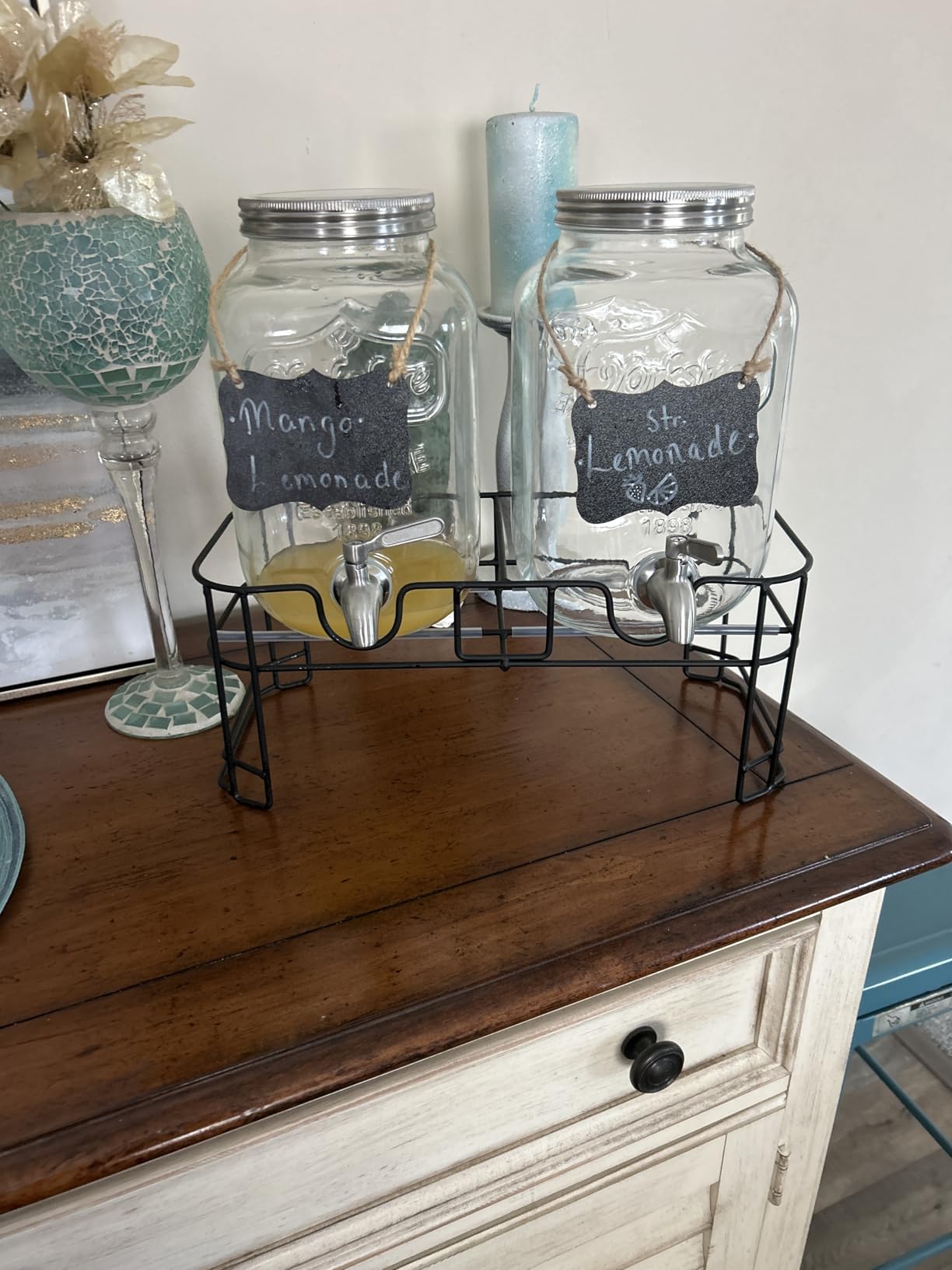 KIKCOIN 1 Gallon Glass Drink Dispensers for Parties, 2 Pack Leakproof Beverage Dispenser with Stand & 18/10 Stainless Steel Spigot & Filter - for Lemonade, Juice, Sun Tea, Punch - ALL DISHWASHER SAFE customer photo 2