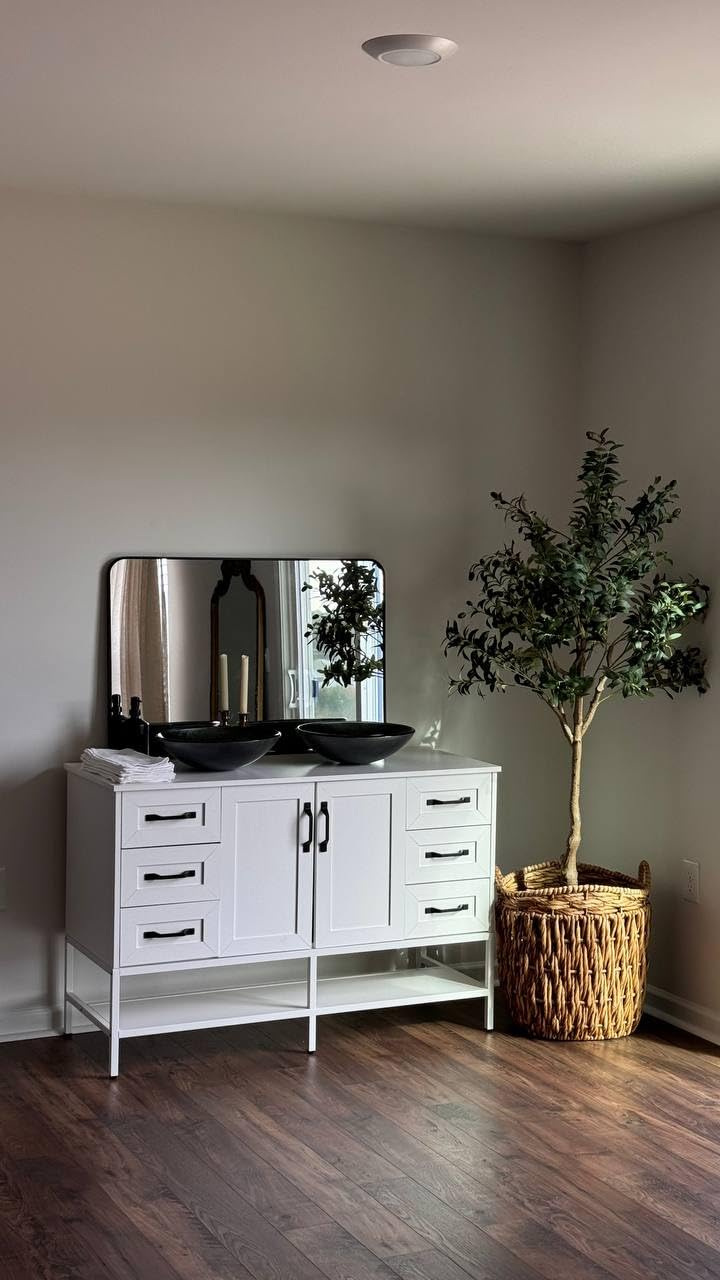 VNN 48 Inch Bathroom Vanity with Sink - Double Sink Bathroom Vanity, Freestanding Cabinet with Open Shelves and 6 Storage Drawers, Modern Iron Wood Cabinet with Countertop Tempered Glass Vessel, Oak customer photo 1