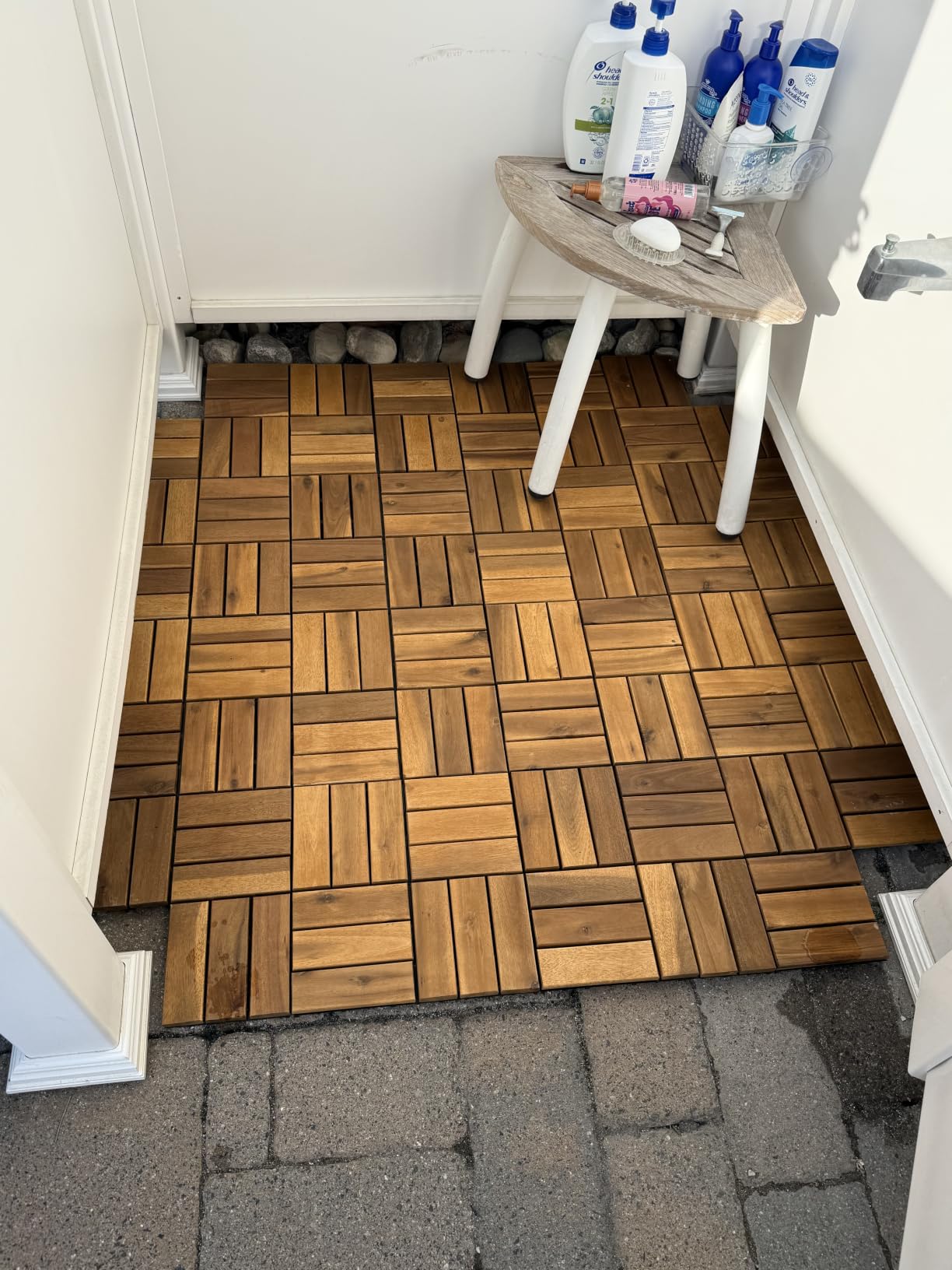 Acacia Wood Interlocking Deck Tiles, Patio & Backyard Tile, 12 in, 9 PCS | Patio decor, balcony decor, waterproof, snap-together, no tools, covers 9 sq ft, trimmable, 466 lb, entryway, pathway customer photo 1