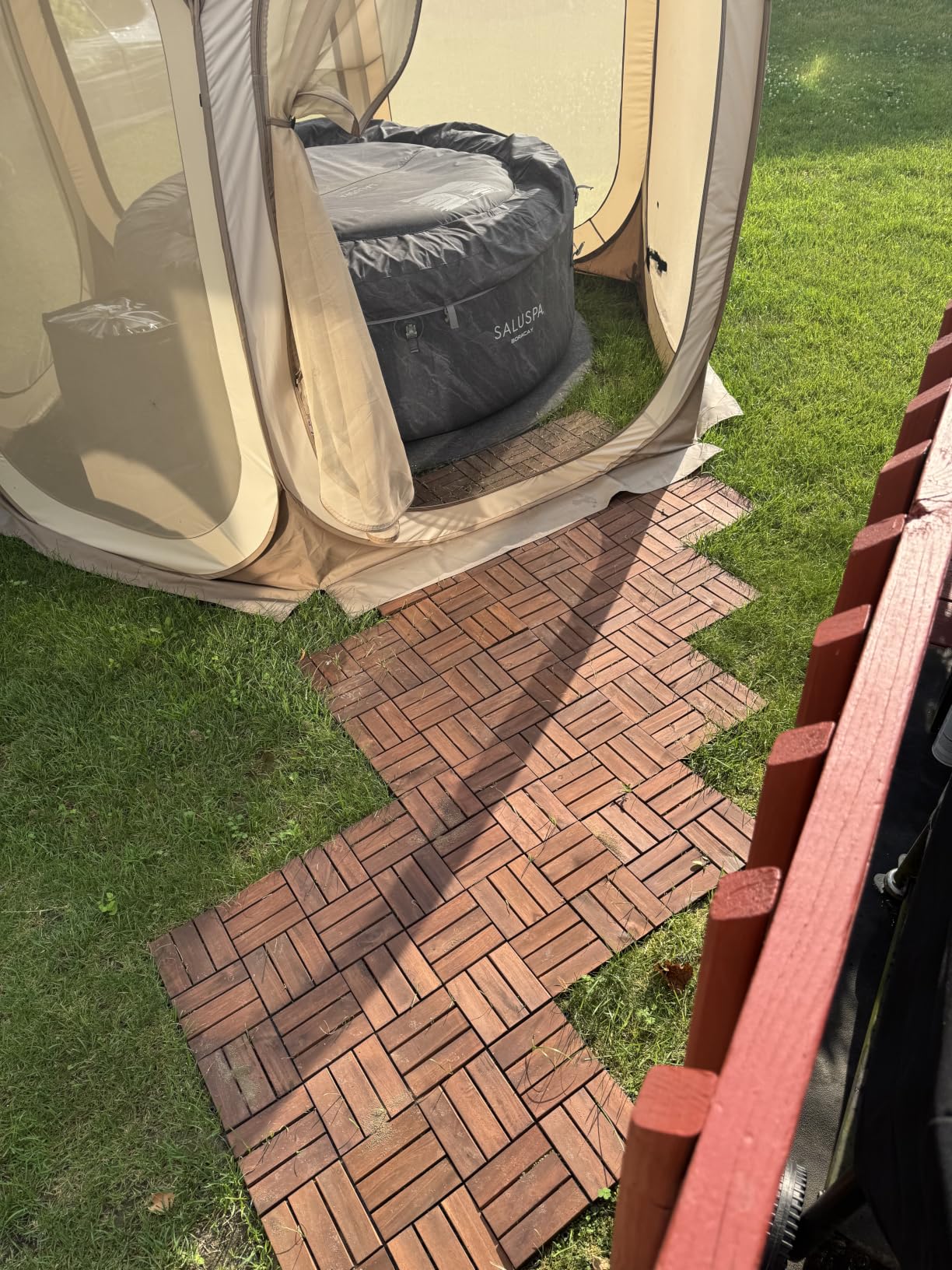 9-Piece Acacia Wood Interlocking Deck Tiles, Golden Teak Striped | Natural Acacia Wood, Raised Base Drainage, Non-Slip Grip, 490 lb Capacity, Oil-Rubbed Finish,Easy Clean,Tool-Free customer photo 1