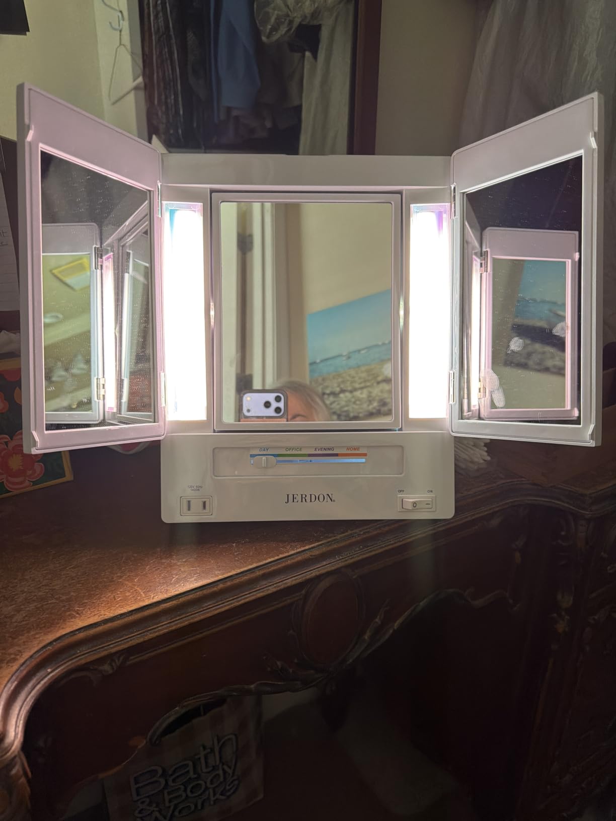 JERDON Lighted Makeup Mirror with 5X Magnification - White - JGL9W | Tri-Fold Two-Sided Design, Multiple Light Settings customer photo 2