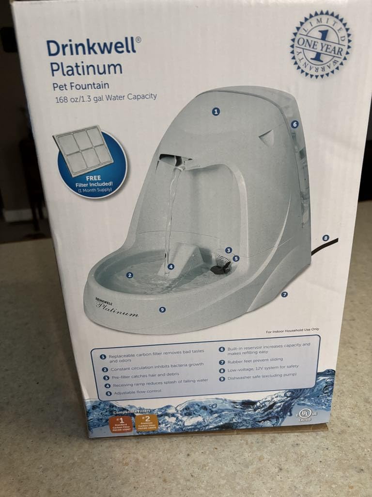 PetSafe Drinkwell Platinum Cat Water Fountain - Pet Fountain for All Pet Sizes, Encourages More Drinking, Includes Replaceable Carbon Filter, Indoor Use, Grey (168 oz/5L) customer photo 1