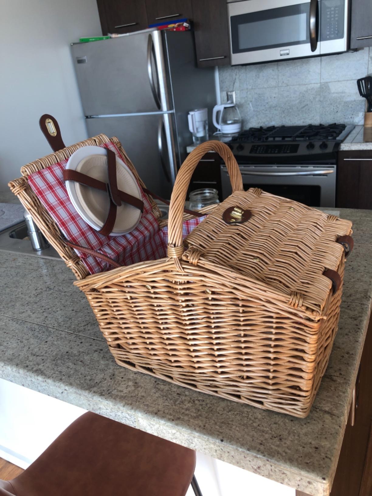 PICNIC TIME Piccadilly Picnic Basket for 2, Romantic Vintage English-Style Wooden Basket, Complete Deluxe Service for Two with Fully-lined Interior and Double-lid Design, (Red & White Plaid Pattern) customer photo 1