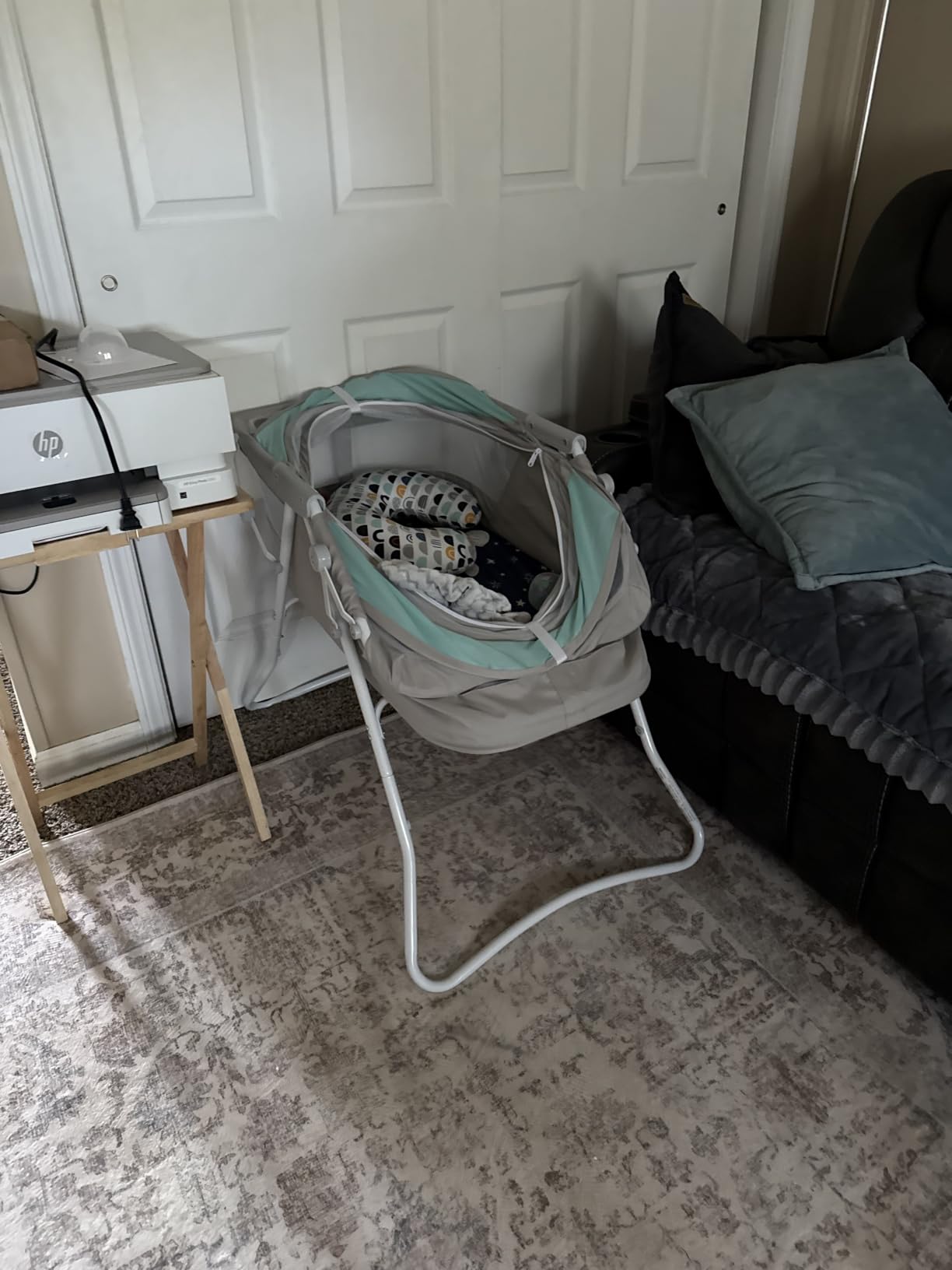 Dream On Me Karley Portable Newborn Bassinet with Double Mesh Canopy, Foldable Travel Bassinet with Storage Basket, Lightweight, Indoor Outdoor Use, Blue/Grey customer photo 2