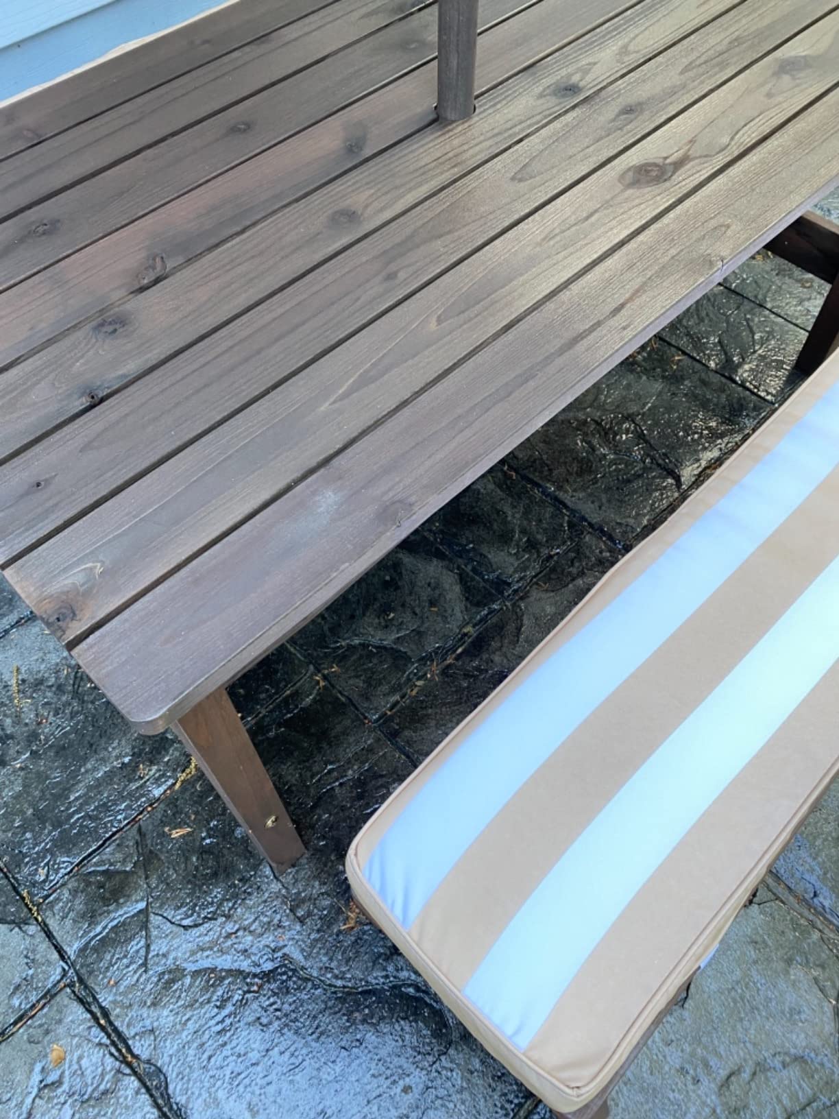 KidKraft Outdoor Wooden Table & Bench Set with Cushions and Umbrella | Kids Backyard Patio Furniture, Espresso with Oatmeal and White Stripe Fabric, Two Benches, Tie-on Cushions, For Ages 3+ customer photo 2