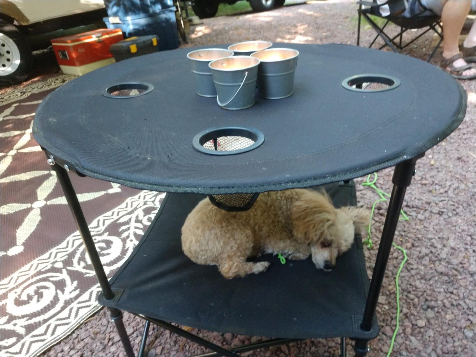 Preferred Nation | 2 Tier Folding Camping Table with 4 Mesh Cup Holders Black | Polyester with Metal Frame | Compact, Convenient Carry Case Included | Side Table for Tailgate customer photo 1