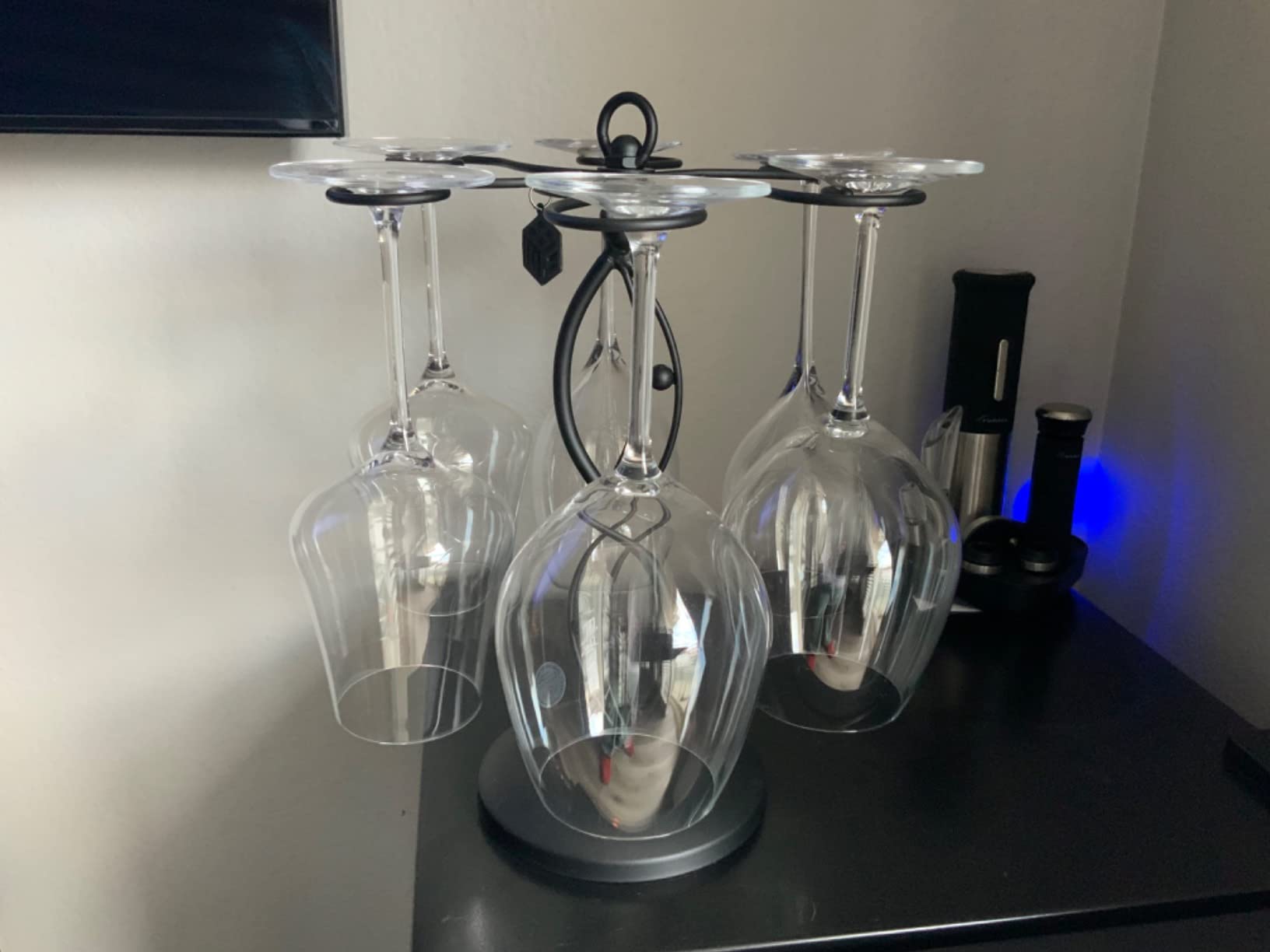 MyGift 6-Hook Rotating Wine Glass Rack, Black Metal Stemware Holder | Countertop Organizer With Sturdy Base, Decorative Scrollwork For Goblets, Champagne Flutes, Barware, Kitchen & Dining Table customer photo 1