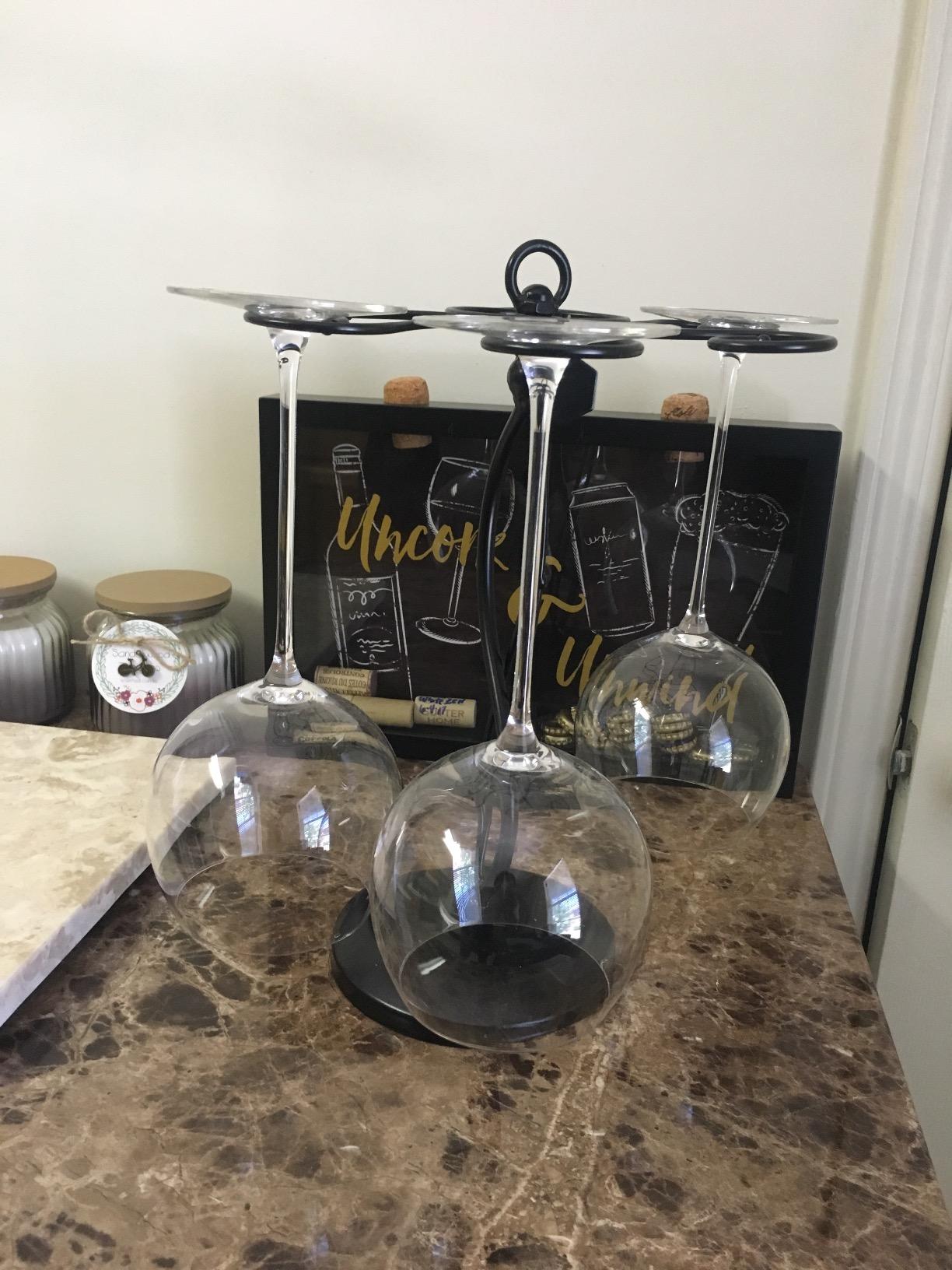 MyGift 6-Hook Rotating Wine Glass Rack, Black Metal Stemware Holder | Countertop Organizer With Sturdy Base, Decorative Scrollwork For Goblets, Champagne Flutes, Barware, Kitchen & Dining Table customer photo 2