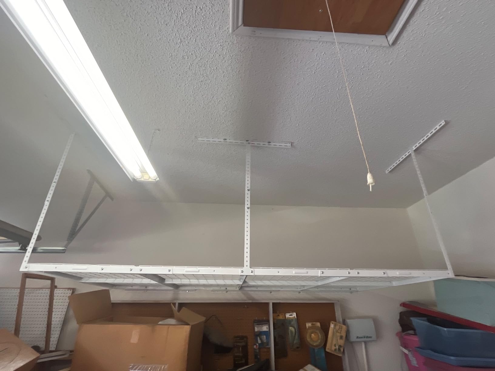 FLEXIMOUNTS 4x8 Overhead Garage Storage Rack with Hooks, White | 6 Hooks included, 750 lb Capacity, 22-40 inch Adjustable height, Heavy-duty steel, Garage organization, Classic Series customer photo 1
