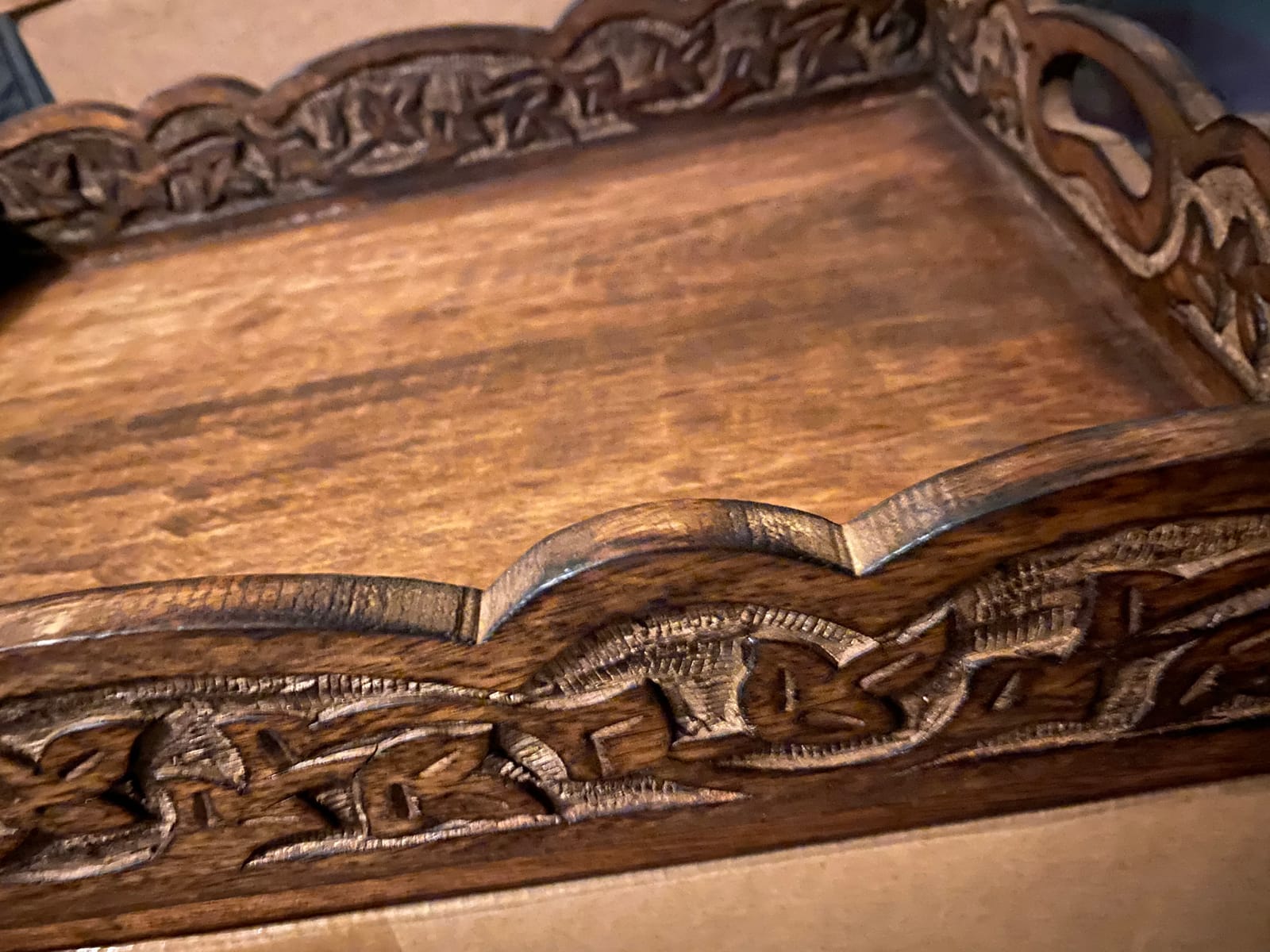 COTTON CRAFT Hand Carved Wooden Serving Tray - Breakfast Tray with Handles, Natural Finish Decorative Dinner Tray, Rustic Intricately Detailed (17x13x2.5 Inches) customer photo 1
