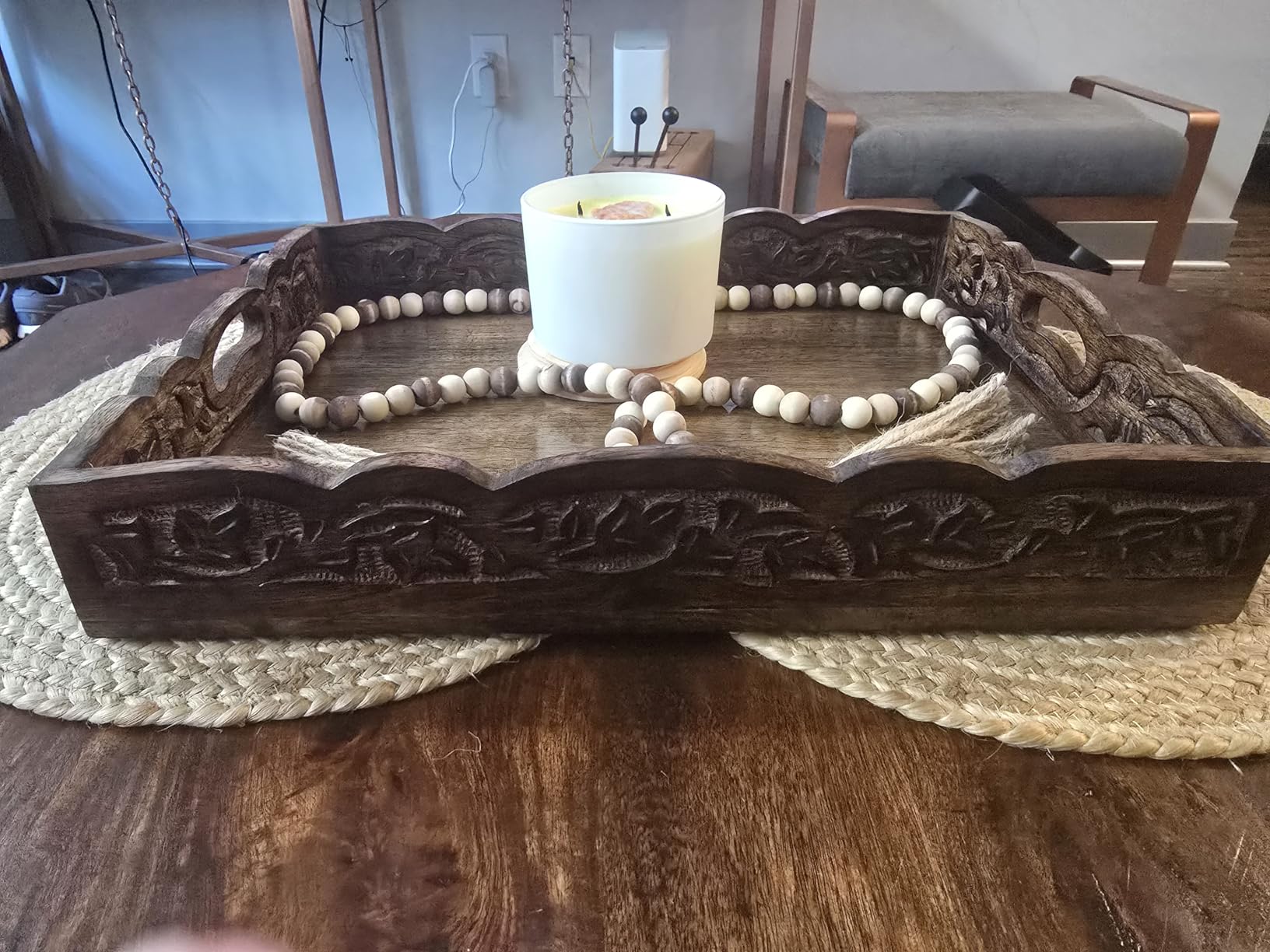 COTTON CRAFT Hand Carved Wooden Serving Tray - Breakfast Tray with Handles, Natural Finish Decorative Dinner Tray, Rustic Intricately Detailed (17x13x2.5 Inches) customer photo 2