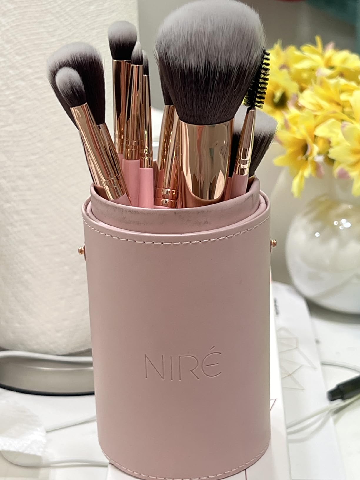 Niré Beauty Professional Makeup Brush Set, 15 Piece Black & Rose Gold | Foundation, powder, blush, blending, eyeshadow, vegan bristles, holder case, sponge, cleaner, guide customer photo 1