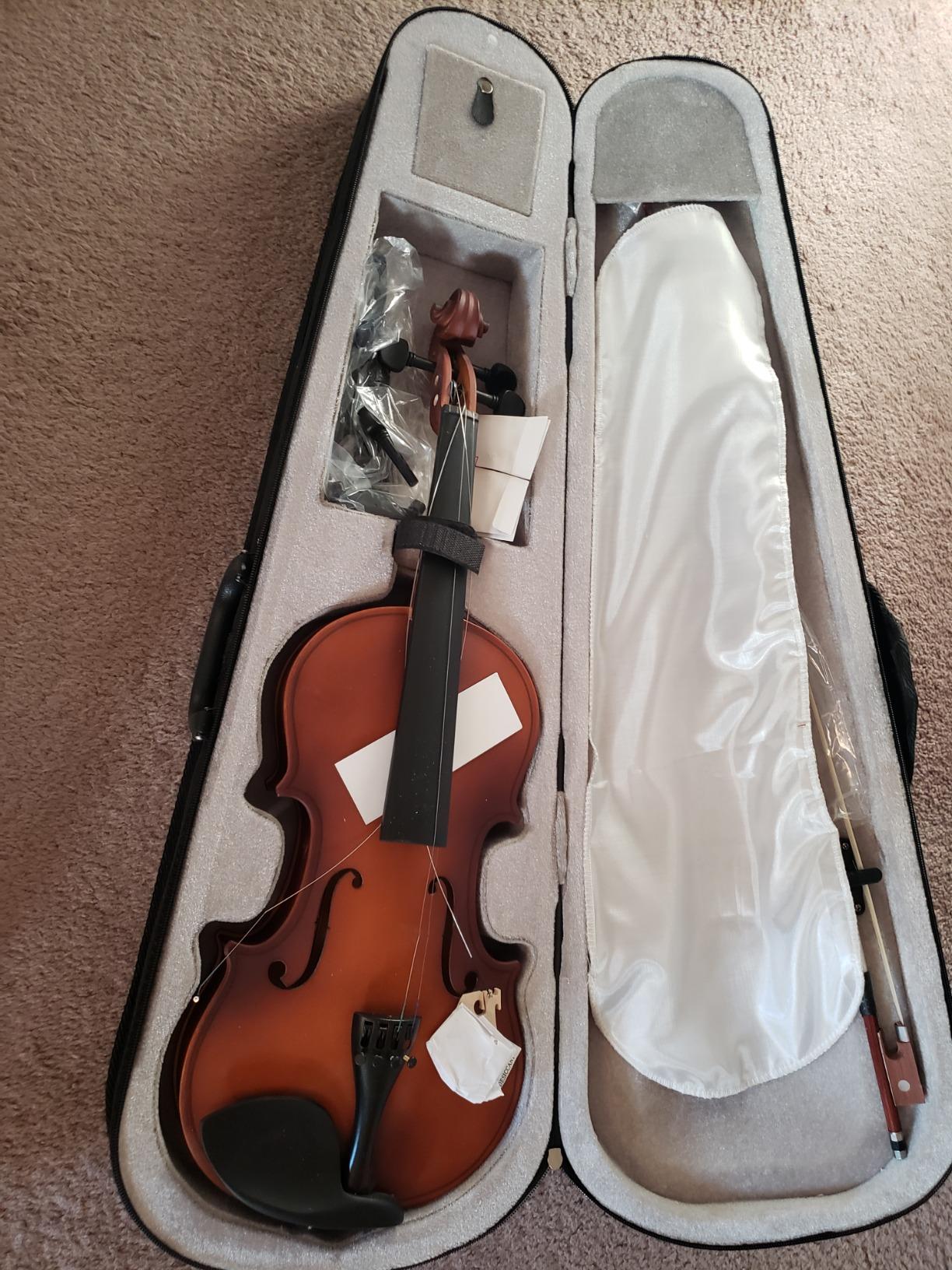 Mendini By Cecilio Violin 4/4 Full Size For Beginners - Fiddle Solidwood Kit with Hard Case - Acoustic Violins with Bow, Rosin, Tuner, Extra Strings & Bridge, Shoulder Rest and Lesson Book (Varnish) customer photo 1