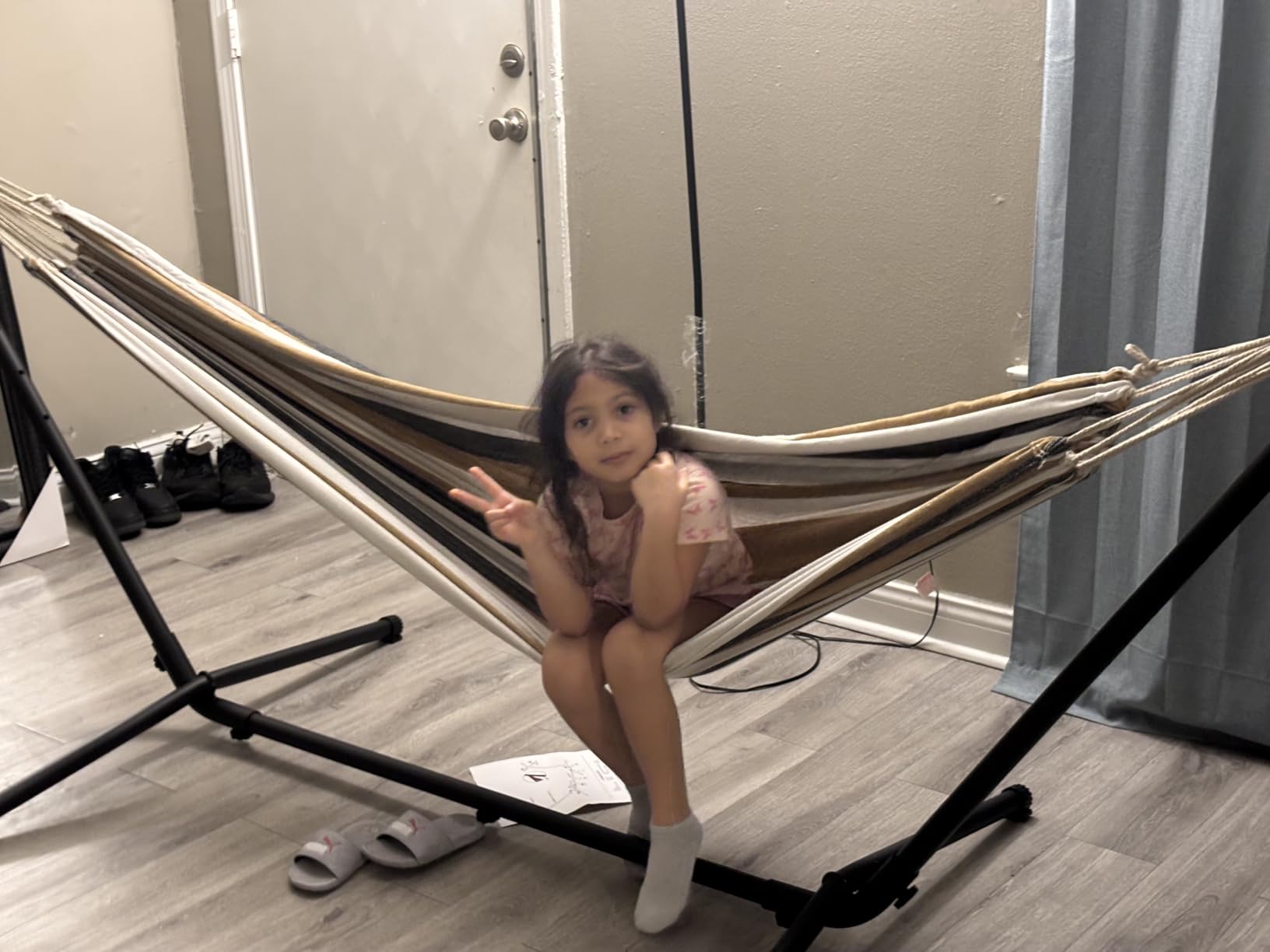 ONCLOUD 550 LBS Capacity Double Hammock with Stand Included with Portable Carrying Bag, Heavy Duty 2-Person Hammock for Outdoors & Indoors - Desert Stripe, Series TDCTZ1 - Blue Green Stripe customer photo 1