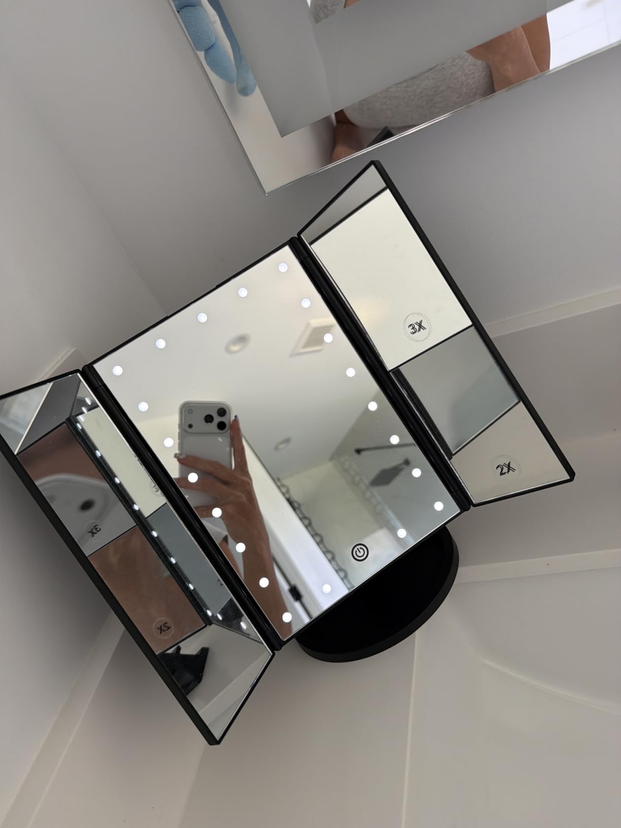 deweisn Dresser Mount Tri-Fold Lighted Vanity Mirror with 21 LED Lights, Touch Screen and 3X/2X/1X Magnification, Two Power Supply Modes Make Up Mirror, Travel Mirror customer photo 1