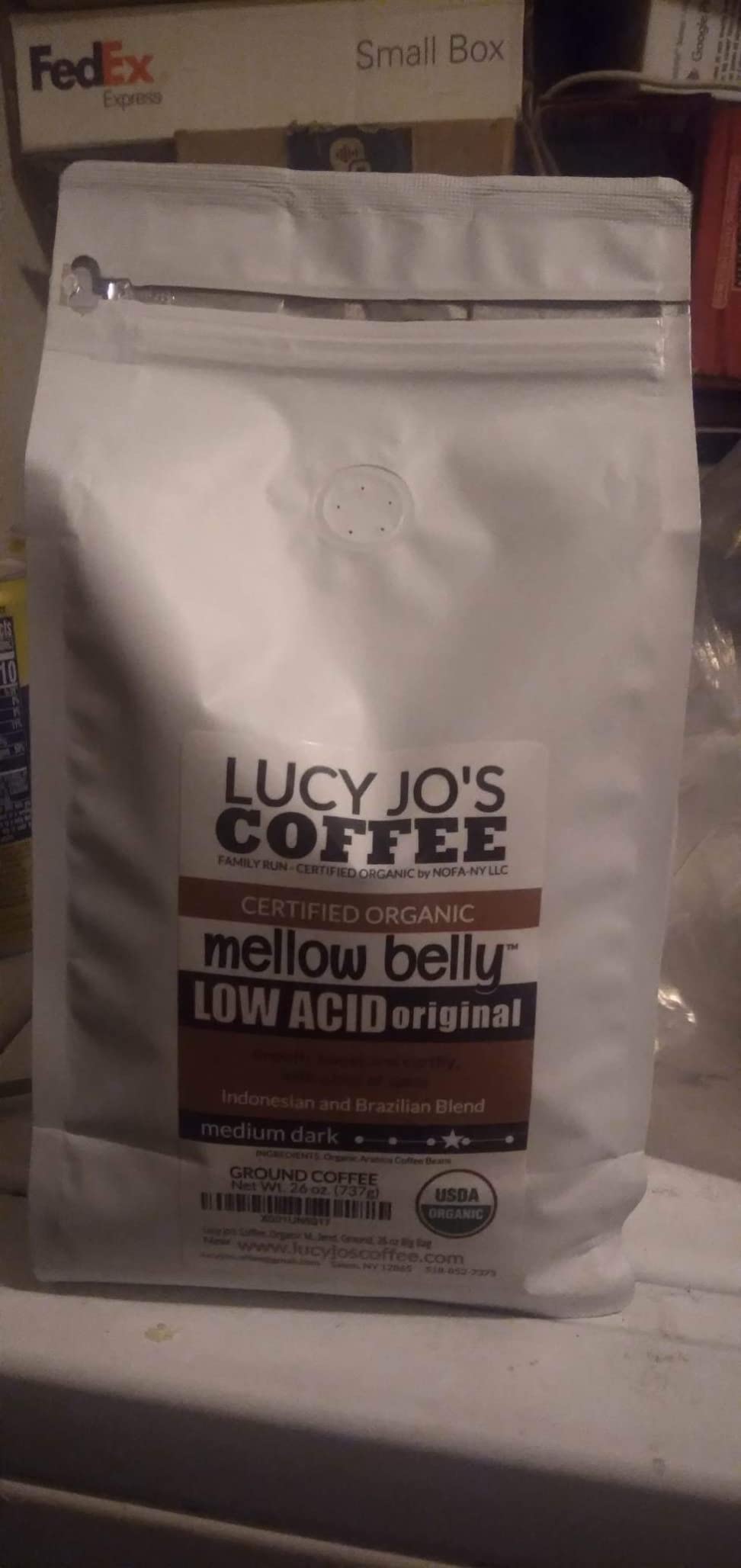Lucy Jo's Coffee Roastery, Organic Mellow Belly Low Acid Blend, Medium Dark, Ground, 11 oz customer photo 1