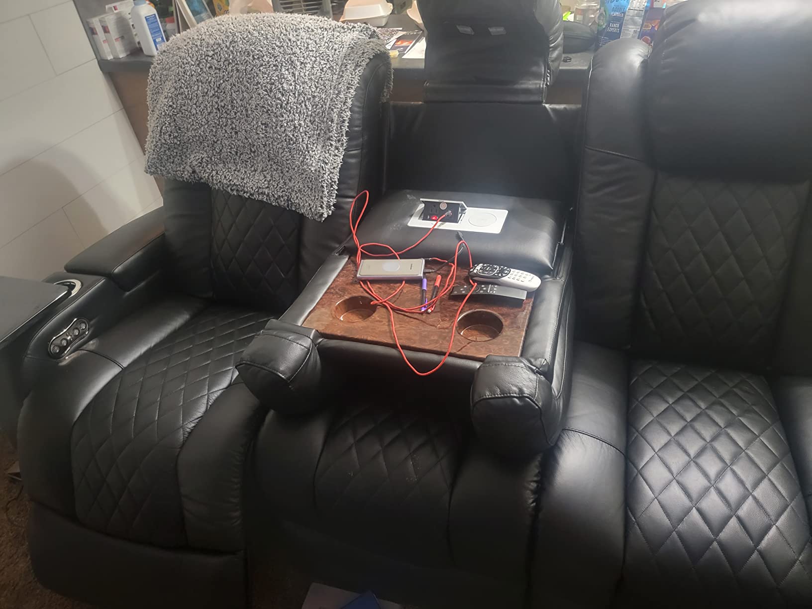 Seatcraft Anthem Home Theater Seating Black Sofa with Fold Down Table | Italian Leather, Powered Headrest, Power Recline, USB-A charging, Fold-Down Table customer photo 2
