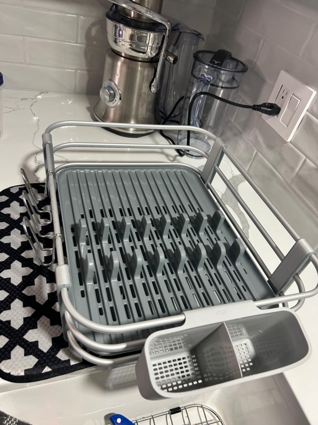 OXO Good Grips Rustproof Aluminum Dish Drying Rack | Raised Ridges Allow Quick Drying, Non-Slip Feet for Countertop, Holds Plates & Bowls, Utensil Cup customer photo 2