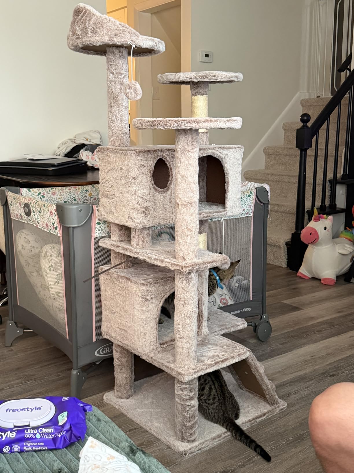 Yaheetech 54in Cat Tree Tower, 2 Caves, Kitten-Ear Perch & Scratching Posts | Multi-level layout, climbing ladder, easy assembly, high pet appeal, total load 66lbs for all indoor cats, dark gray customer photo 2