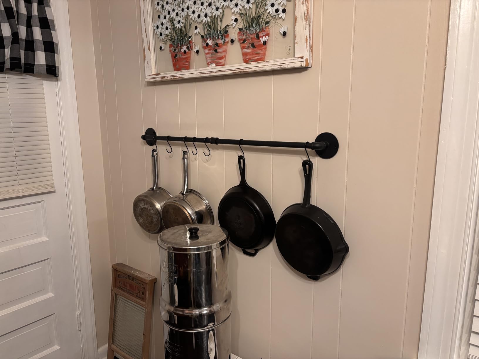 OROPY 38'' Pot Rack Wall Mounted, Iron Pipe Hanging Pot Rack, 14 S Hooks | Industrial Utensils Kitchen Hanging Rail, Pot and Pan Organizer, Pot Lid Organizer, Black customer photo 1