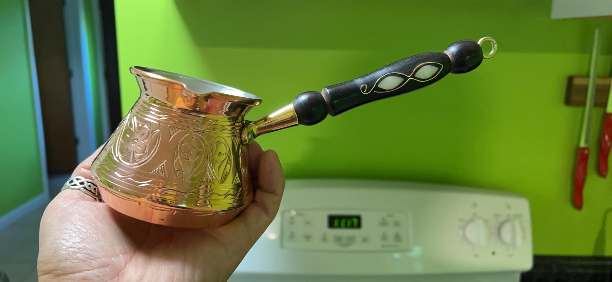 ACI Series (Medium-13 fl oz) - Thickest Solid Engraved Copper Turkish Greek Arabic Coffee Pot with Wooden Handle, Stovetop Coffee Maker, Jazzve, Cezve, Ibrik, Briki, Cafe Turco customer photo 1