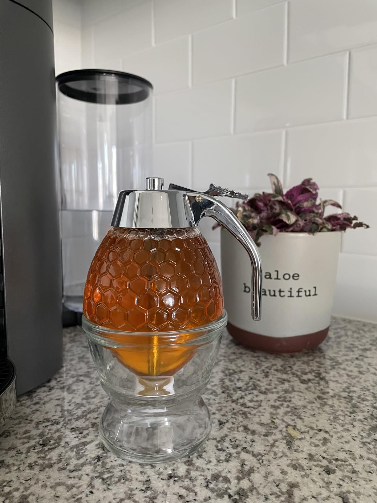 Hunnibi 8oz No Drip Glass Honey Dispenser with Plastic Top - Honeycomb-Style Syrup Server and Bee-Themed Storage Jar with Stand - 6