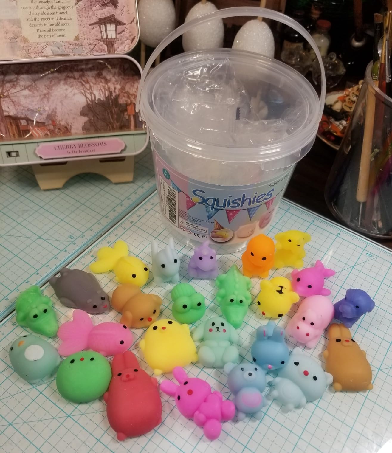 KINGYAO Squishies Squishy Toy 24pcs Party Favors for Kids Mochi Squishy Toy Moji Kids Mini Kawaii Squishies Mochi Stress Reliever Anxiety Toys Easter Basket Stuffers Fillers with Storage Box customer photo 2