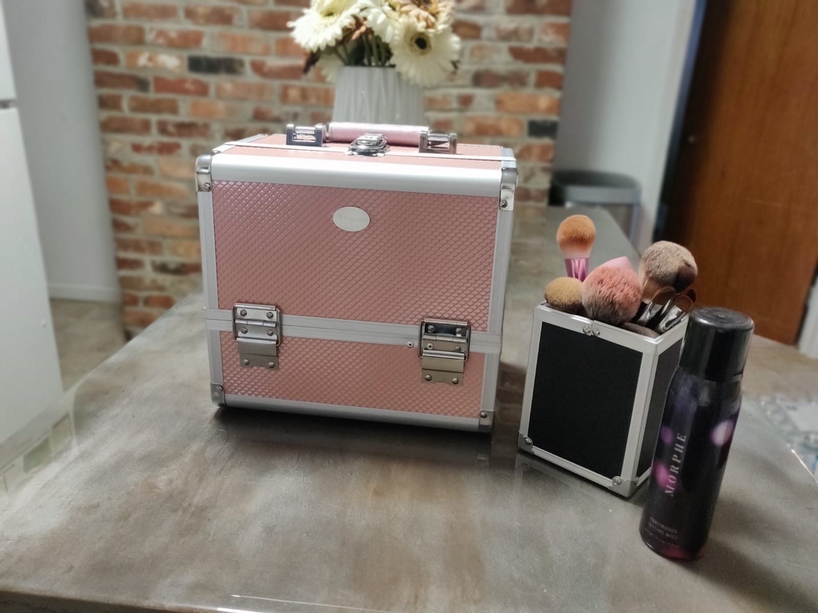 Joligrace 3-Tray Makeup Case with Mirror & Brush Holder, 11.6