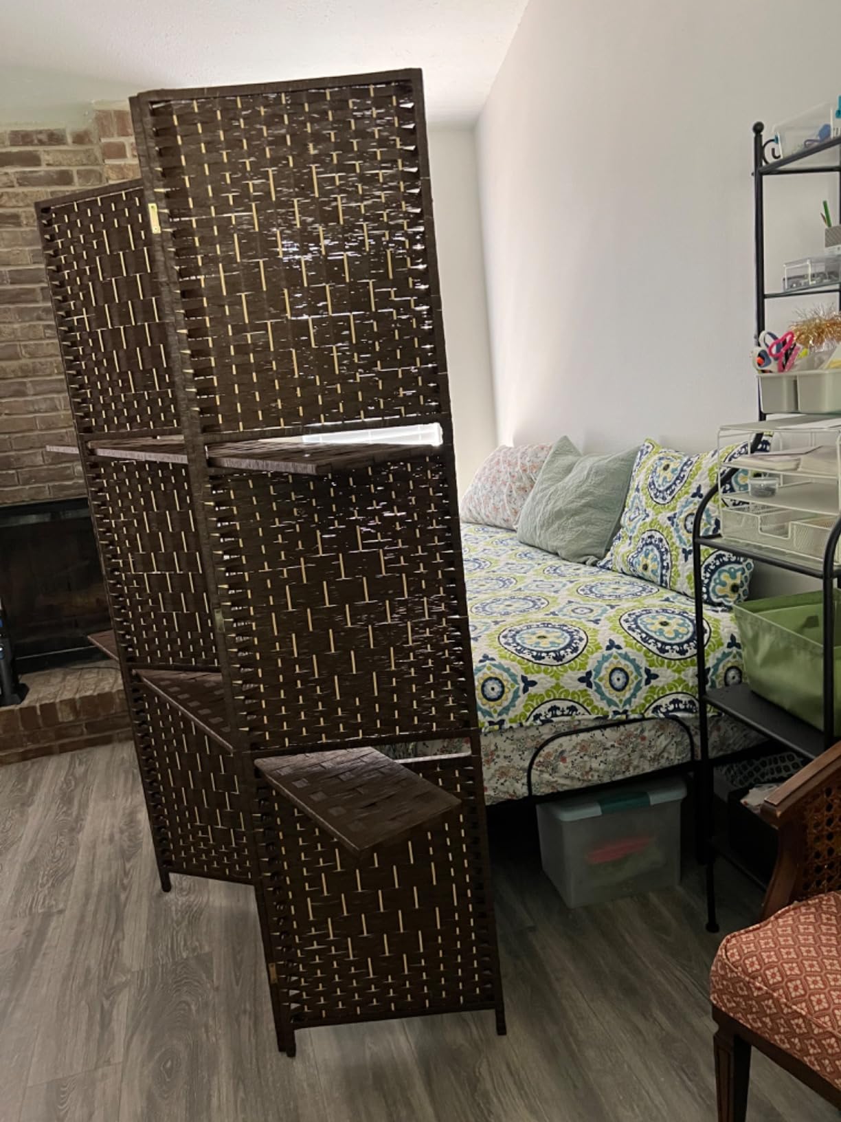 FDW | 4 Panel Folding Room Divider with Shelves | 5.9ft, Brown | Wooden Wall Divider | Hand Woven Mesh, Portable & Foldable | Easy to Move | For Space Separation, Living Room, Bedroom customer photo 1