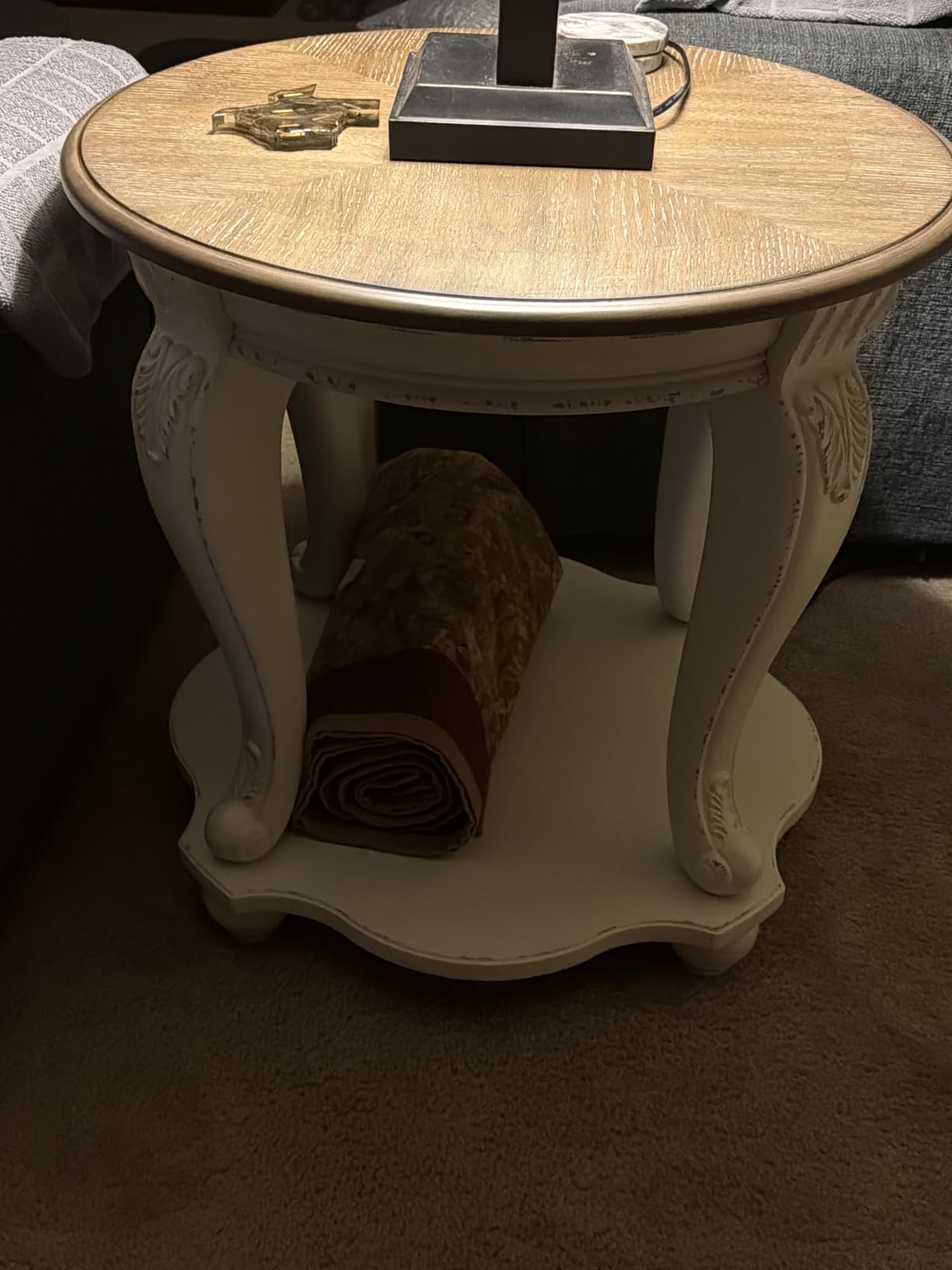 Signature Design by Ashley Realyn Round End Table, French Country, White | Ash veneer & engineered wood, Cast resin corbels, Fixed lower shelf, French country side table, White end table customer photo 2