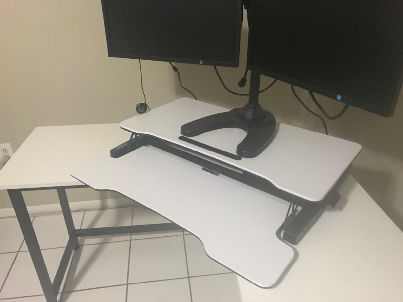 FITUEYES Height Adjustable Standing Desk 32 inch Wide Sit to Stand Converter Stand Up Desk Tabletop Workstation for Dual Monitor Riser FSD308001WB customer photo 1