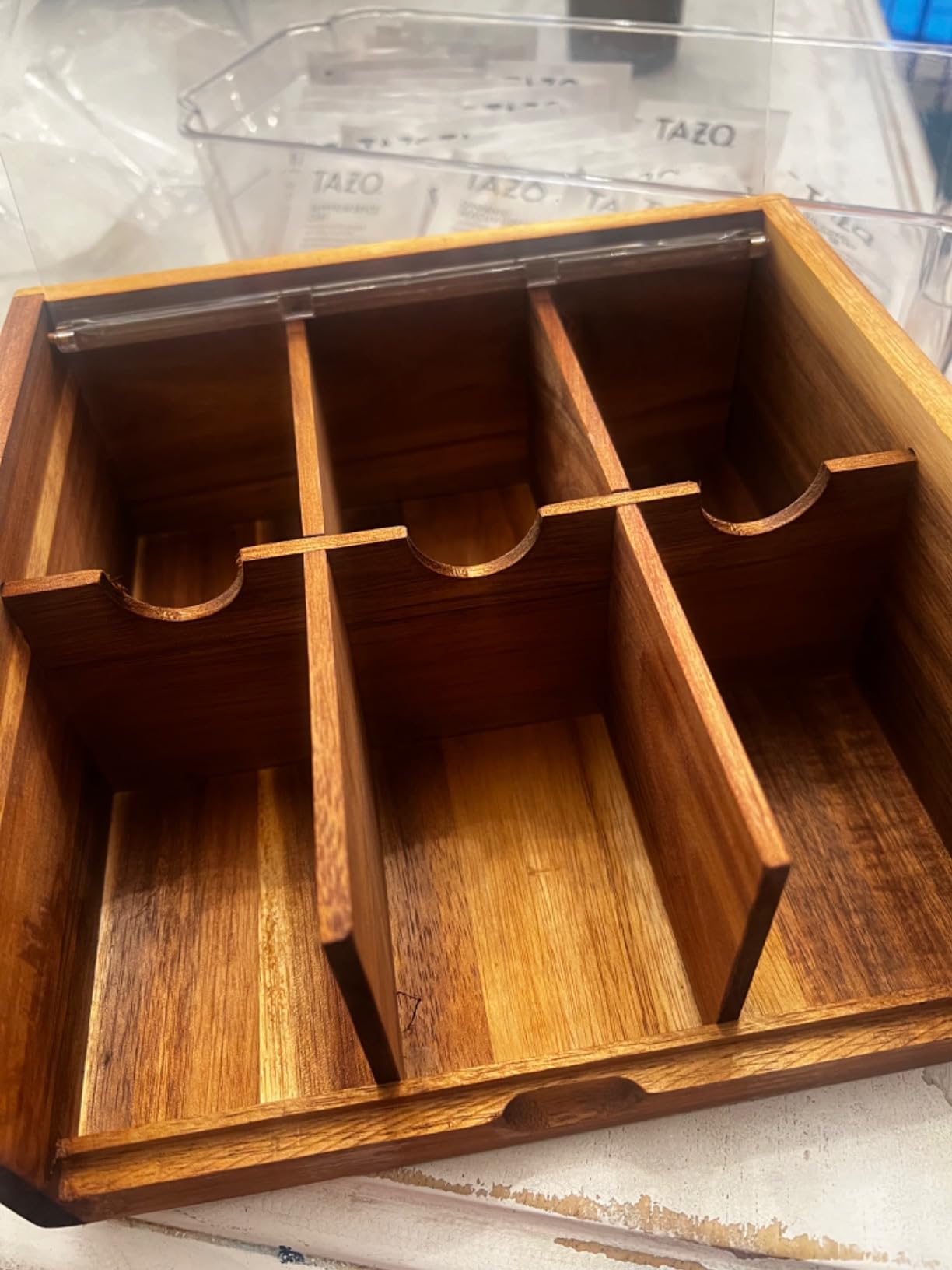 HTB Acacia Wood Tea Bag Organizer Storage Box with 6 Compartments | Tea Chest Box with Clear Acrylic Transparent Hinged Lid, Tea Bag Holder for Kitchen, Office, Bar, Coffee Station customer photo 2