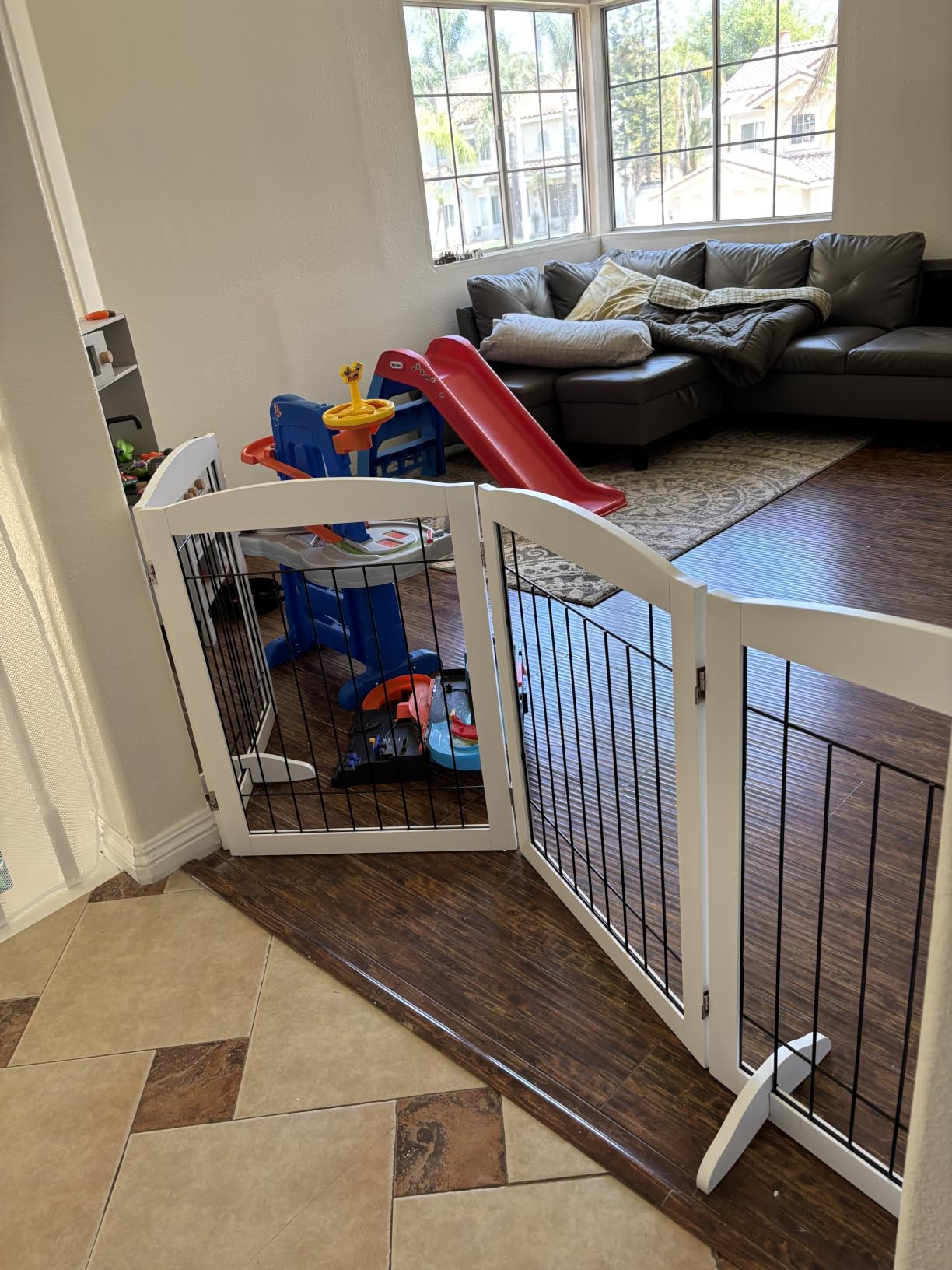 PAWLAND Extra Wide Dog gate for The House, Doorway, Stairs, Dog Fences Indoor, Freestanding Foldable Wooden Pet Gates for Dogs, Set of Support Feet Included, 96 in Wide 30 in Tall, 4 Panels White customer photo 1