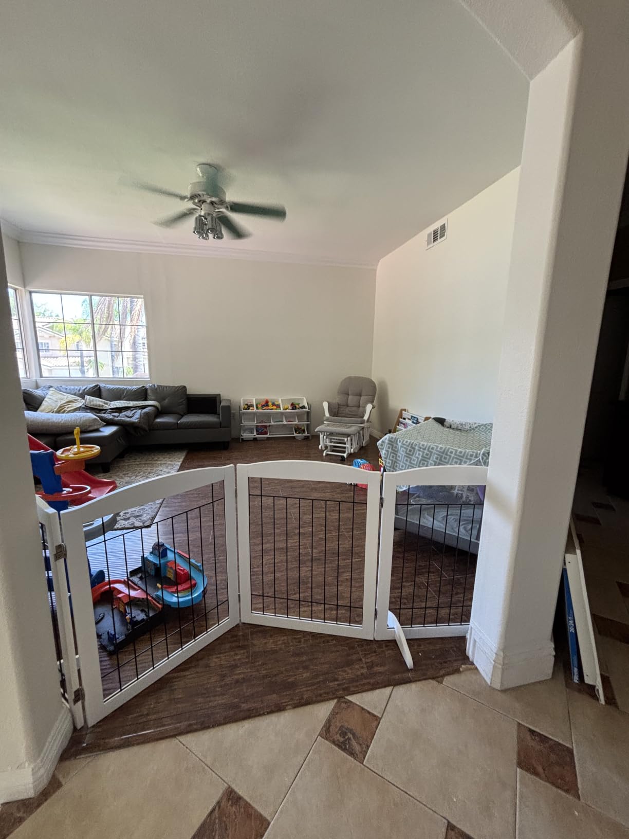 PAWLAND Extra Wide Dog gate for The House, Doorway, Stairs, Dog Fences Indoor, Freestanding Foldable Wooden Pet Gates for Dogs, Set of Support Feet Included, 96 in Wide 30 in Tall, 4 Panels White customer photo 2