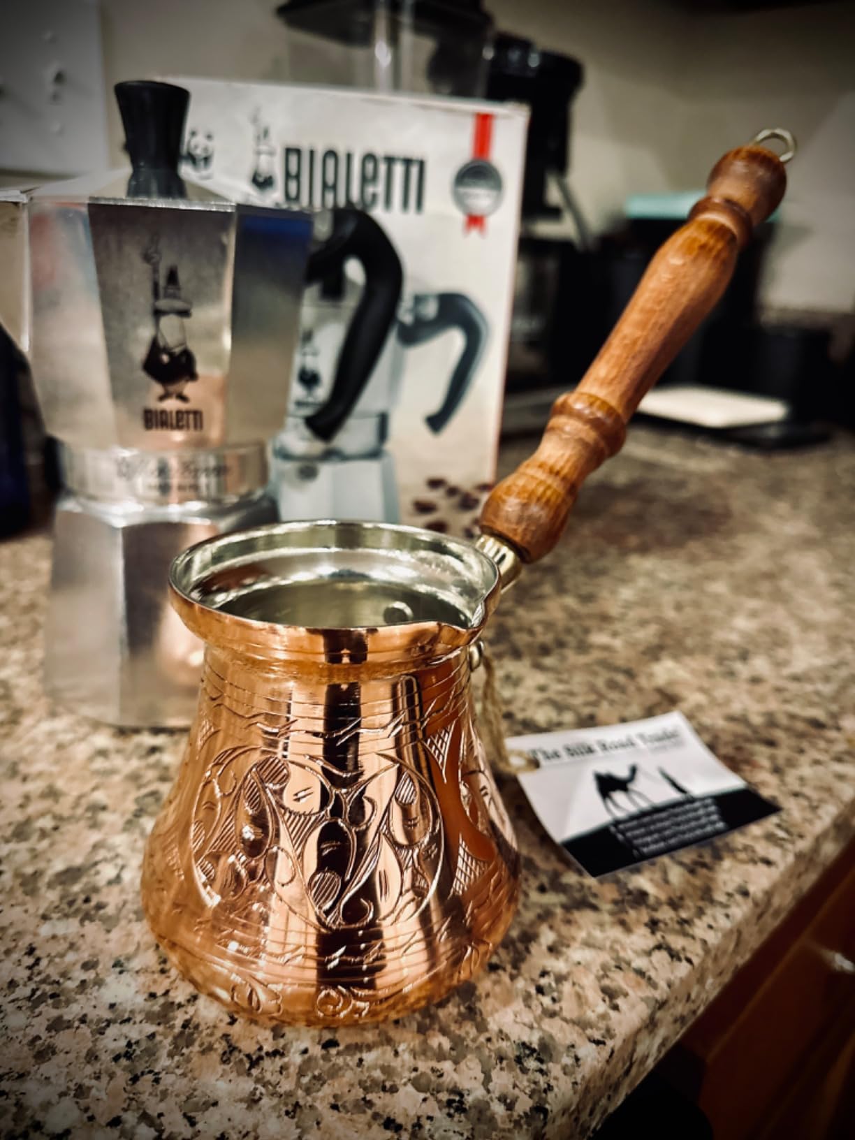 PC Series (Large - 14 fl oz) - Thickest Solid Copper Engraved Turkish Greek Arabic Coffee Pot Wooden Handle Heavy Duty, Stovetop Coffee Maker, Jazzve, Cezve, Ibrik with Hammered Base customer photo 2