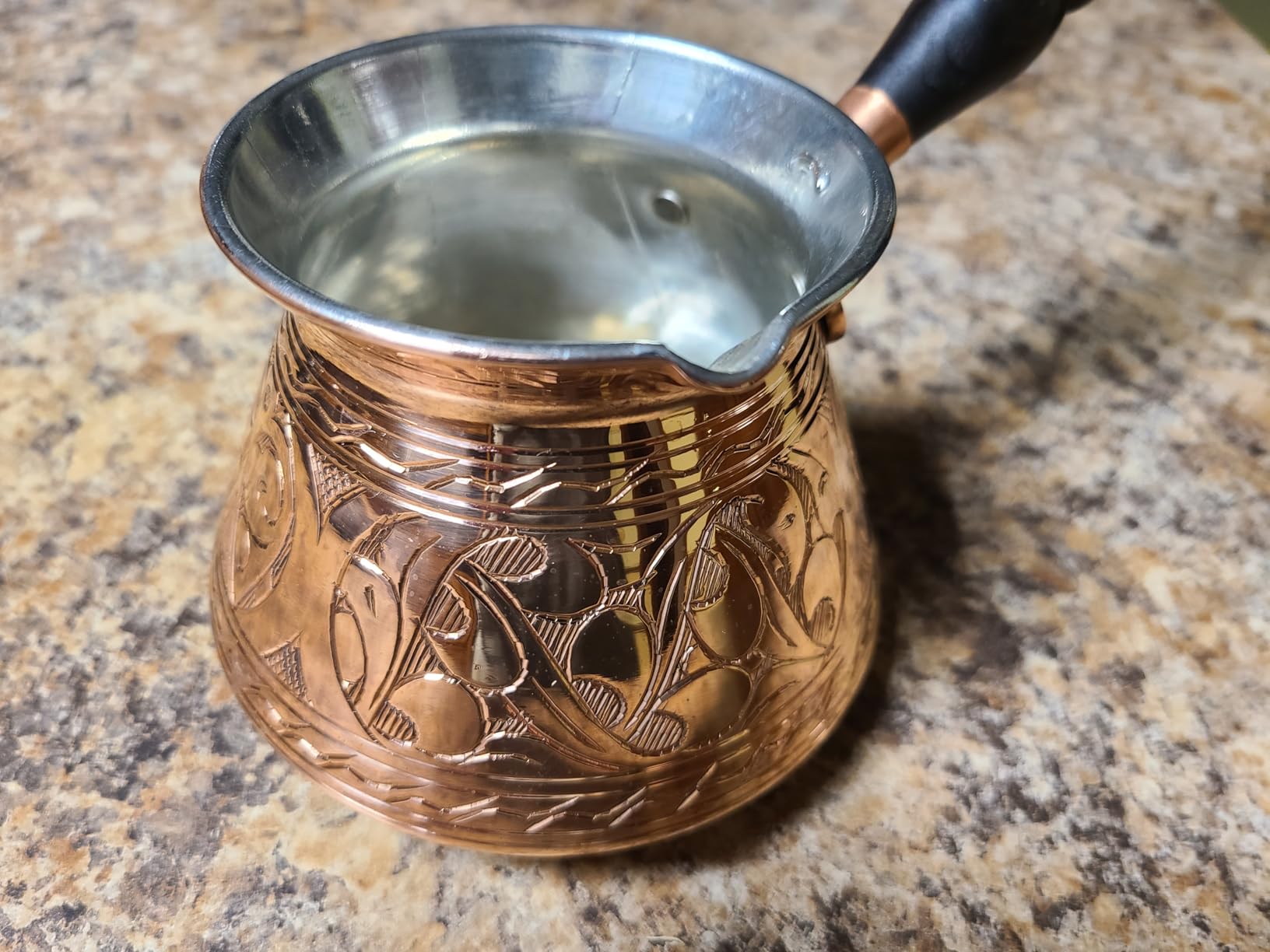 DEMMEX Copper Turkish Coffee Pot Cezve Ibrik Greek Coffee Briki Stovetop Coffee Maker with Wooden Handle & Spoon, 1mm Thick Copper, Handmade & Engraved in TURKEY, 9 fl Oz - 3 Servings customer photo 1