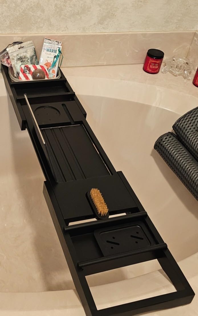 Bathtub Caddy Tray for Luxury Bath - Bamboo Waterproof Expandable Bath Table Over Tub with Wine and Book Holder and Free Soap Dish (Brown) customer photo 1