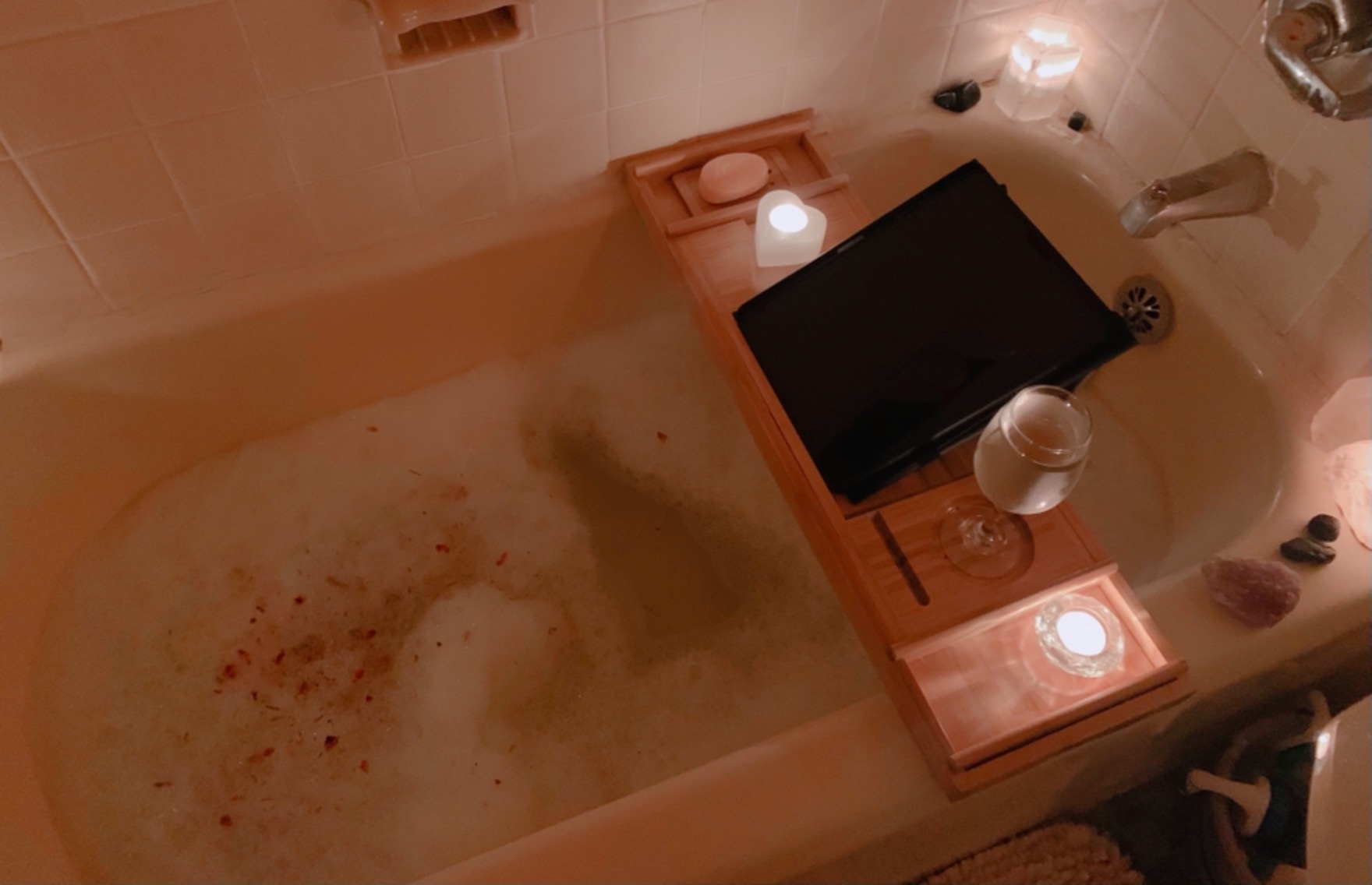 Bathtub Caddy Tray for Luxury Bath - Bamboo Waterproof Expandable Bath Table Over Tub with Wine and Book Holder and Free Soap Dish (Brown) customer photo 2