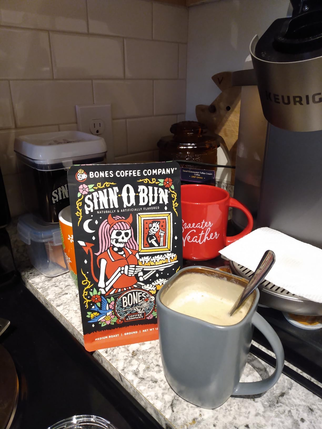 Bones Coffee Company Cinnamon Roll Flavored Coffee, Medium Roast Low Acid Arabica Beans Compatible with Auto drip and French Press Coffee Maker, 12 Oz Whole Bean customer photo 1